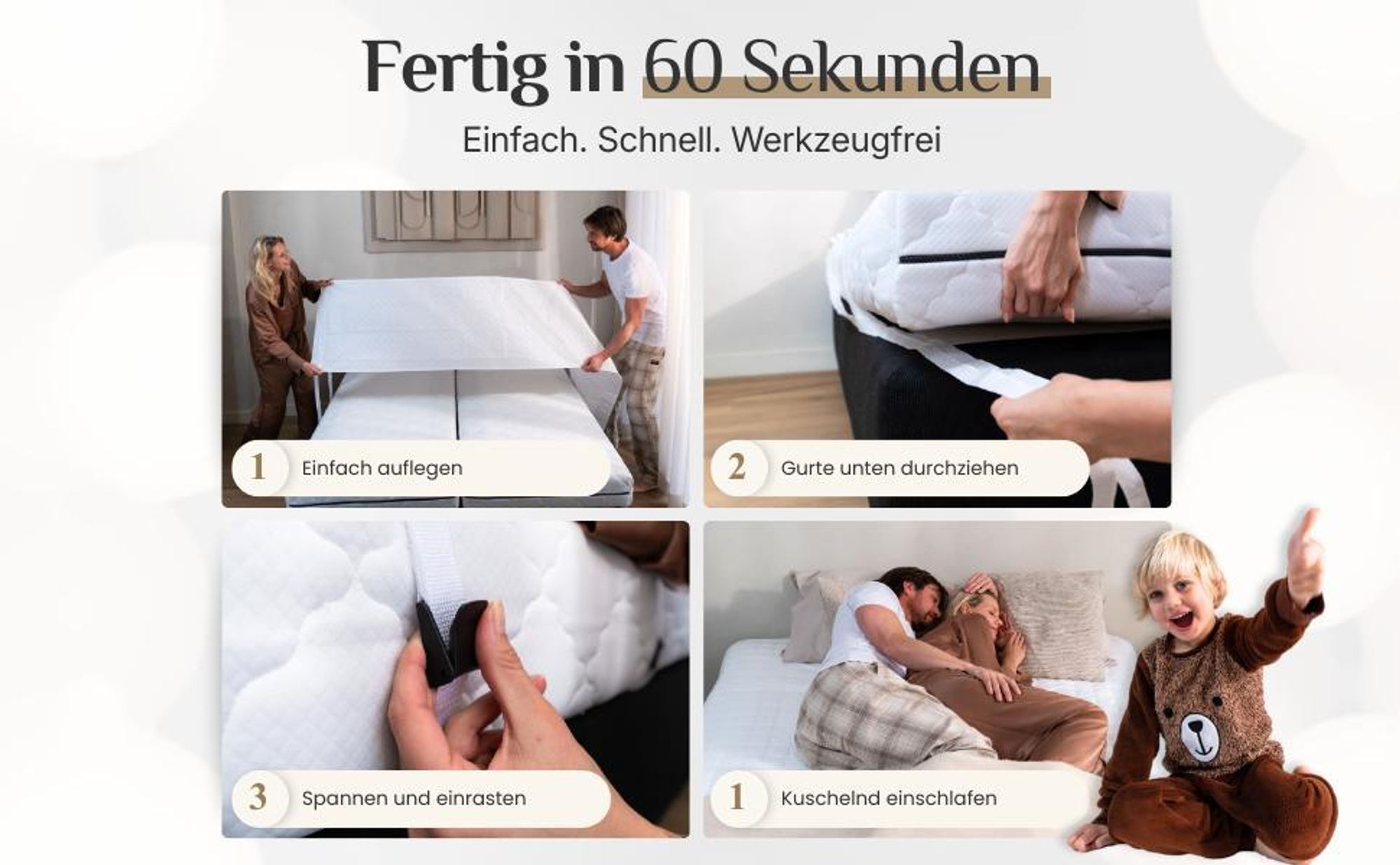 Installation der Liebesbrücke: Matratzenverbinder auflegen, Gurt spannen, fertig