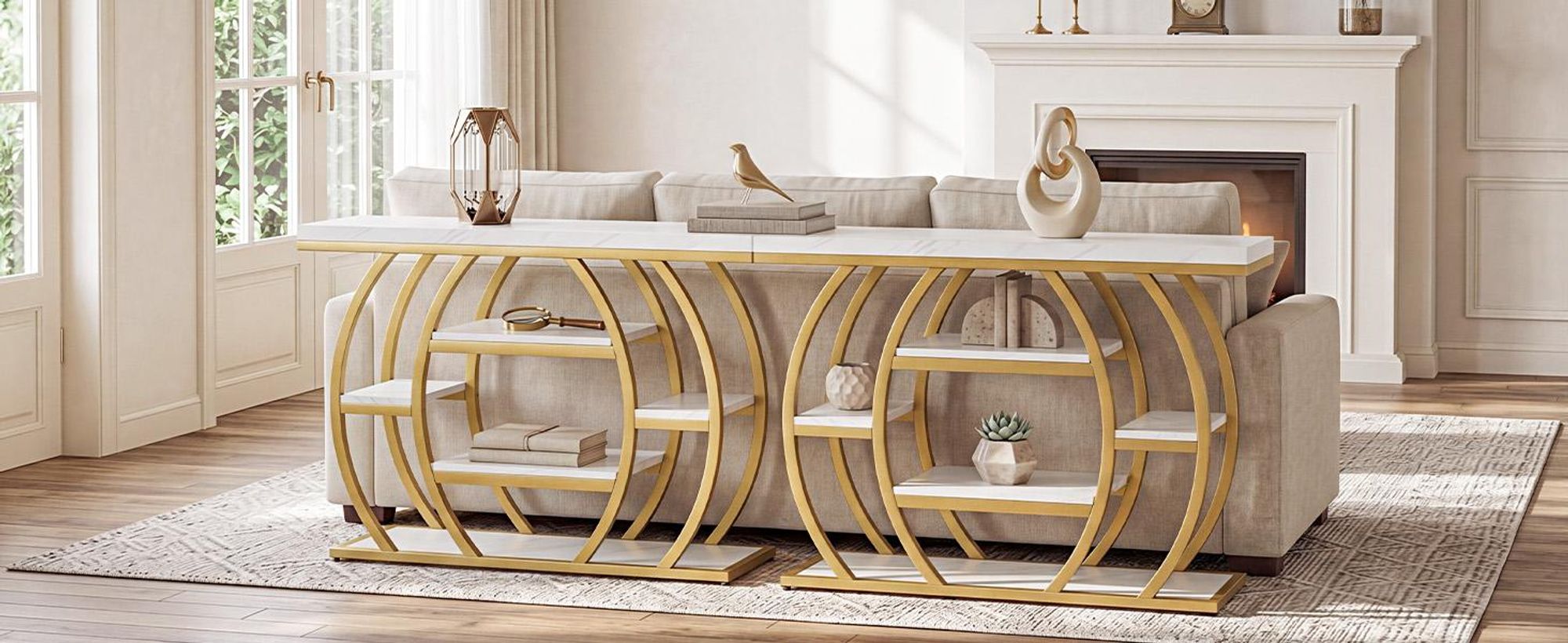 Tribesigns Konsolentisch, 105 cm schmaler Eingangstisch mit Ablagefächern und Marmorimitatplatte, 5-stufige Sofatische mit gebogenem Metallrahmen