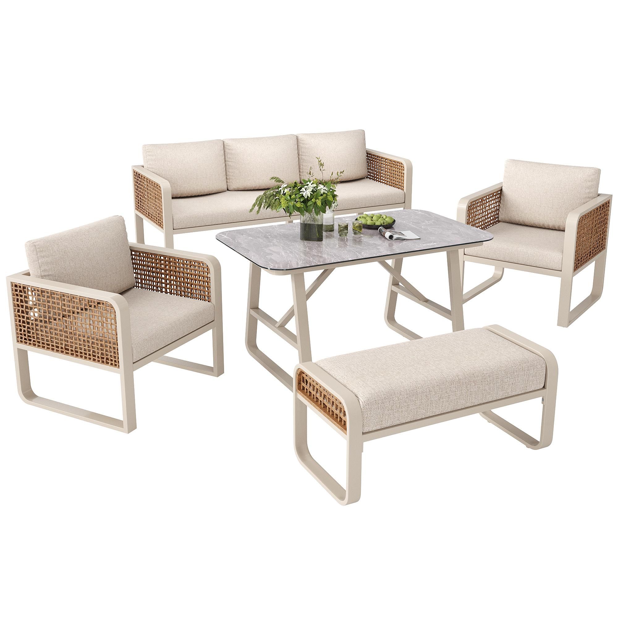 Flieks Rattan Gartenloungeset 5-tlg., Gartenmöbelset mit Tisch, Bank, Gartenstuhl und Sofa, Loungegartenmöbelset für 6-7 Personen, Sitzgruppe Beige