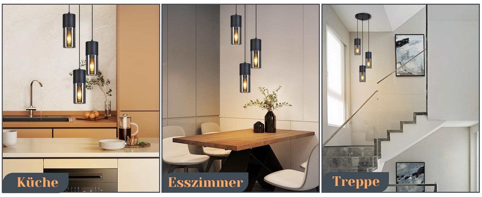 ZMH Hanglamp, eettafel, zwart, 3 lampen, E27, metaal, glazen kap, rond, hanglampen voor keuken, eetkamer, hal, trap, slaapkamer