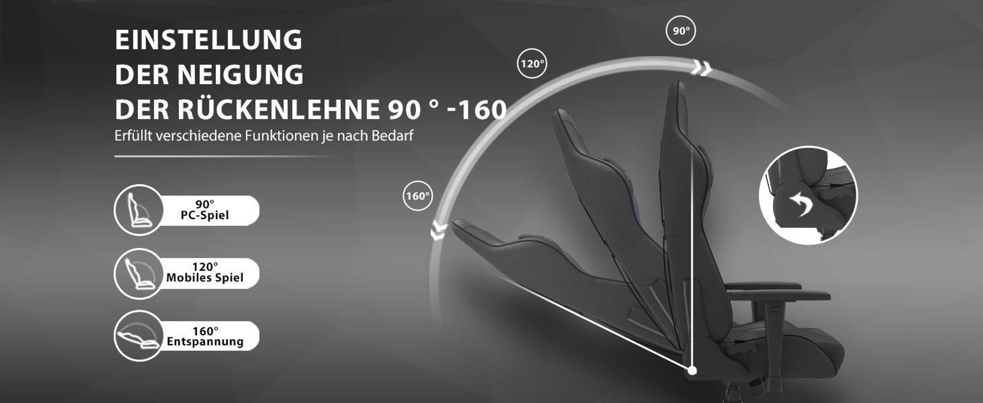 SENSE7 Spellcaster Gaming Stuhl Stoff Schwarz-Grau - Ergonomischer Bürostuhl PC Schreibtischstuhl Zockerstuhl 150kg 2D-Armlehnen 160° Chefsessel