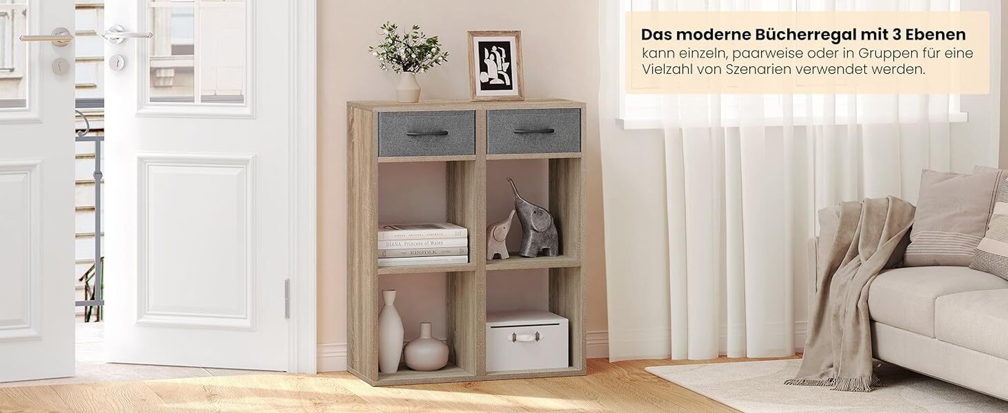 WOLTU Bücherregal mit 3 Ebenen, 1 Stoffschublade 2 Würfeln, 32,4x80x30 cm, Helle Eiche