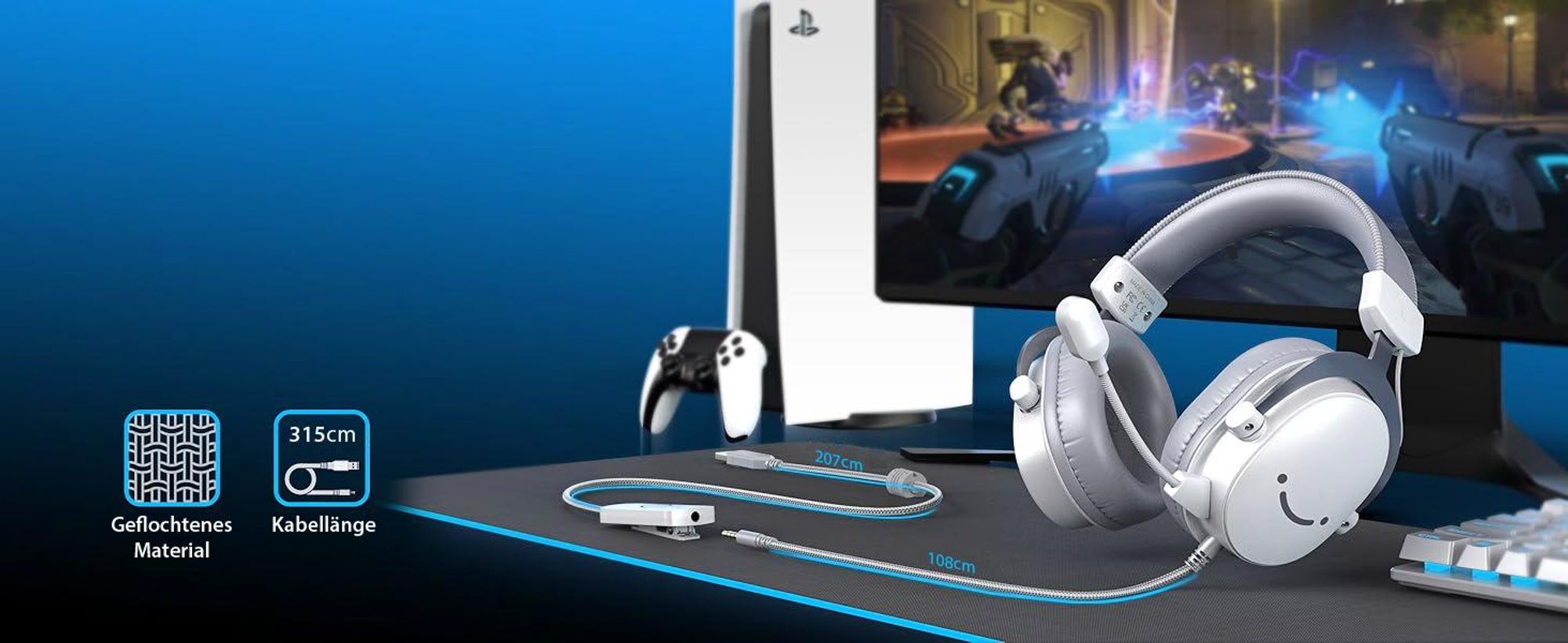 Fifine Headset Over-Ear Gaming-Headset mit Mikrofon Abnehmbar USB Headset mit Kabel, Weiß