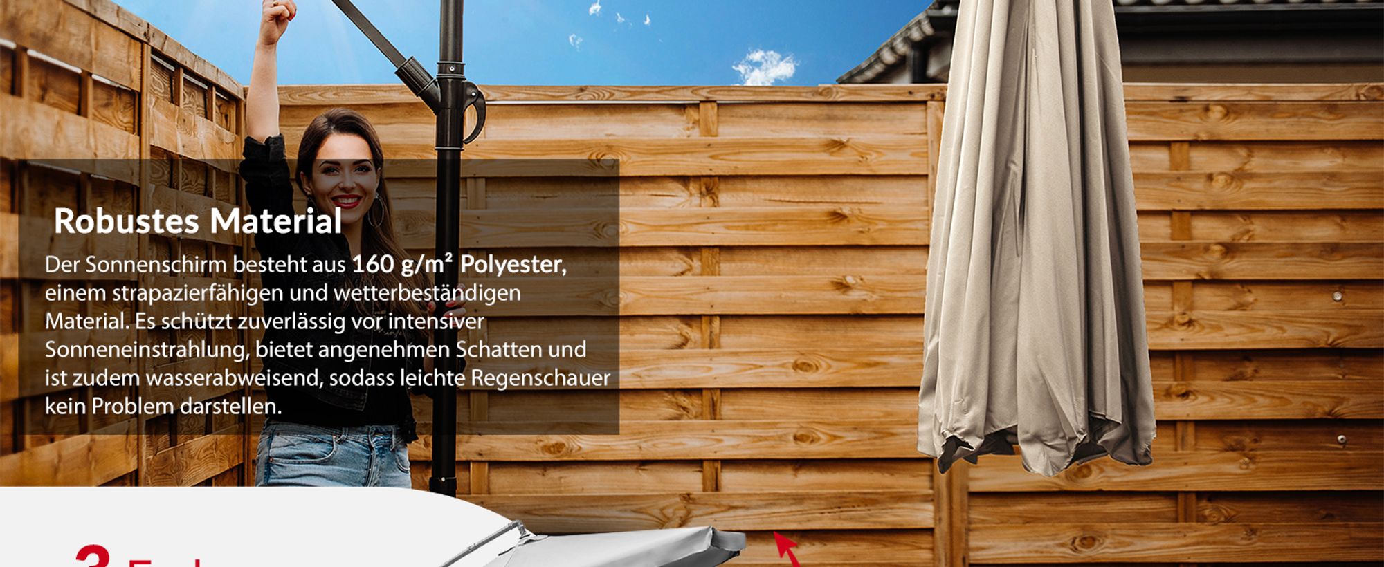 Lehmann Sonnenschirmmit Ø 300 cm mit ständer, UV-Schutz, Wasserdicht (Graphit)