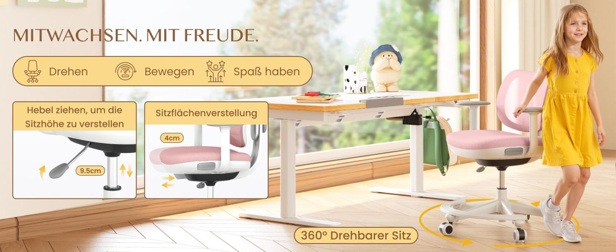 FLEXISPOT Kinderschreibtisch und Stuhl Set, Elektrisch höhenverstellbar, Neigbare Tischplatte, 3 Speicherplätze, Kindersicherung, 110x52 cm