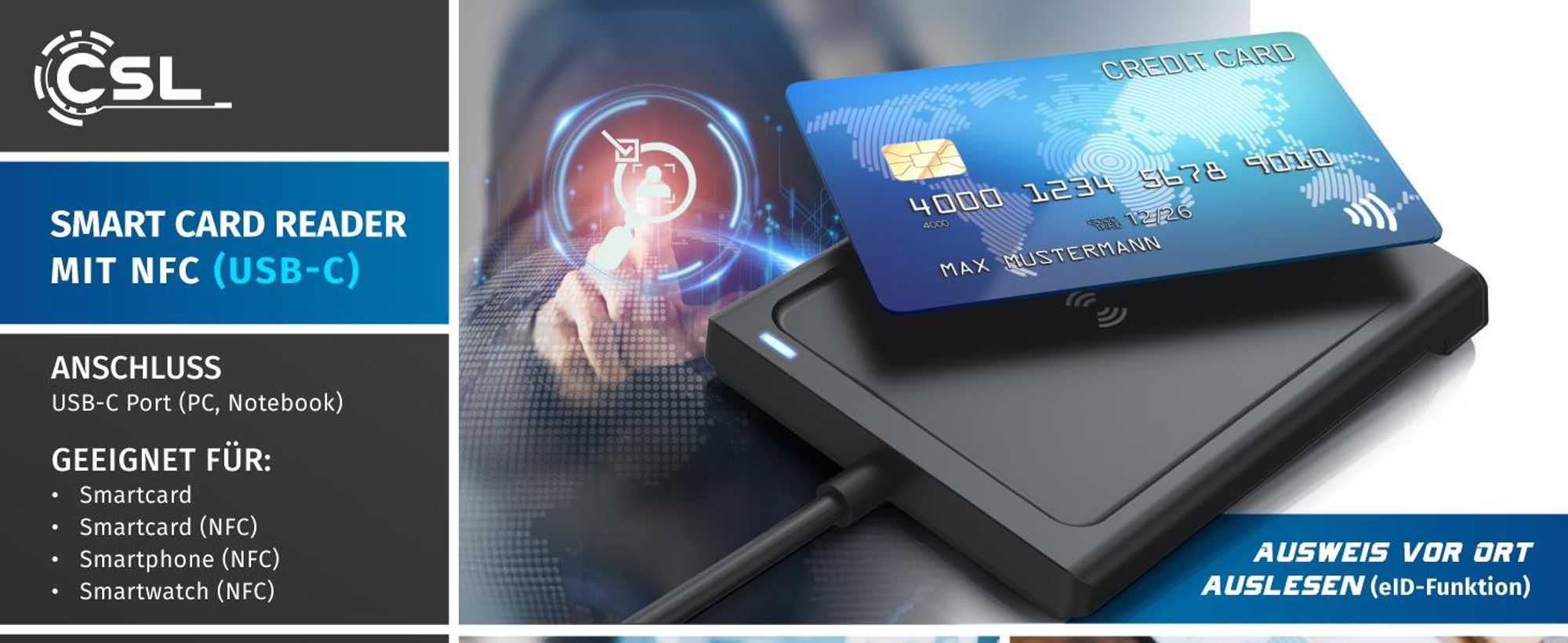 CSL Speicherkartenleser, USB C Smart Card Reader mit NFC, Chipkartenleser, SIM Kartenlesegerät, für Personalausweis Gesundheitskarte (keine ePa) Bankkarte, komp. mit Windows 10 & 11