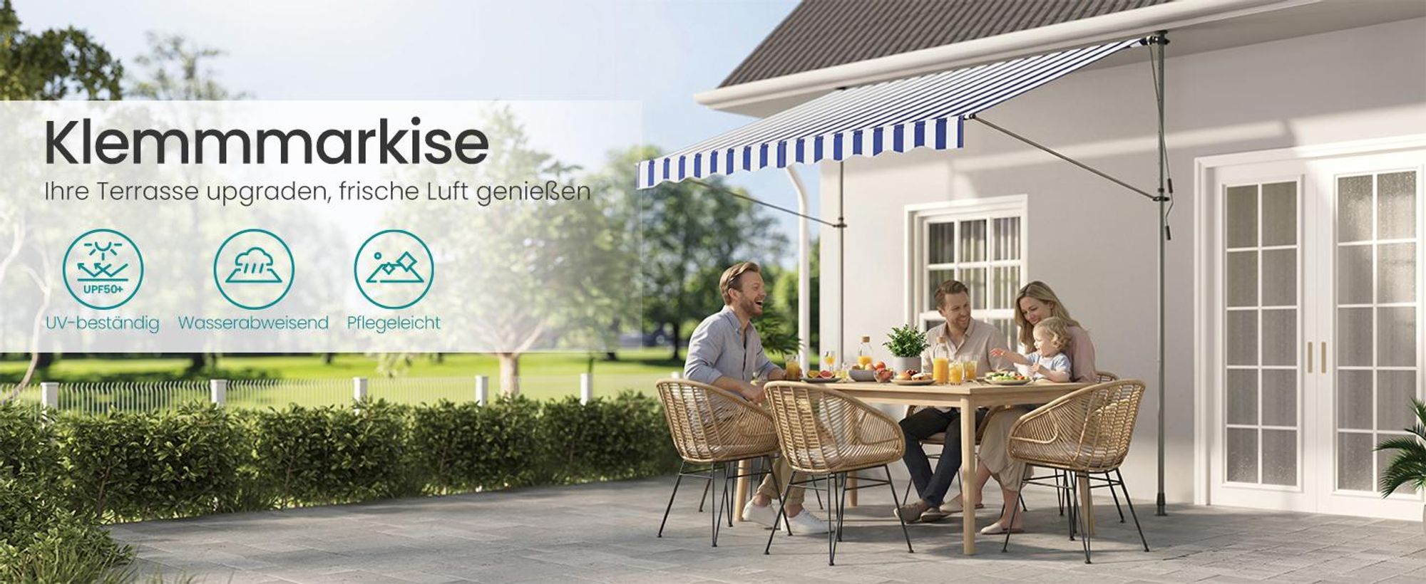 SONGMICS Klemmmarkise höhenverstellbar, Balkonmarkise mit Handkurbel, für Terrasse, Garten, 300 x 120 cm, blau-weiß