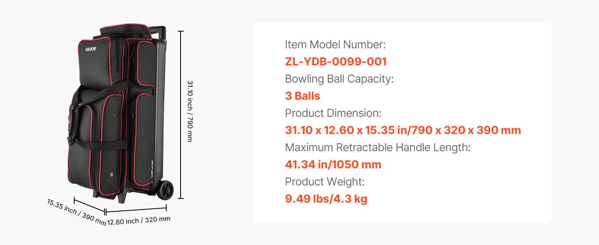 VEVOR Bowlingballtasche, 2-Ball-Doppelroller-Bowlingtasche mit Rädern, mit einem separaten Fach für Schuhe (bis US-Größe 16) und übergroßer Zubehörtasche, ausziehbarer Griff bis 1050 mm, Schwarz & Rot-3 Bälle