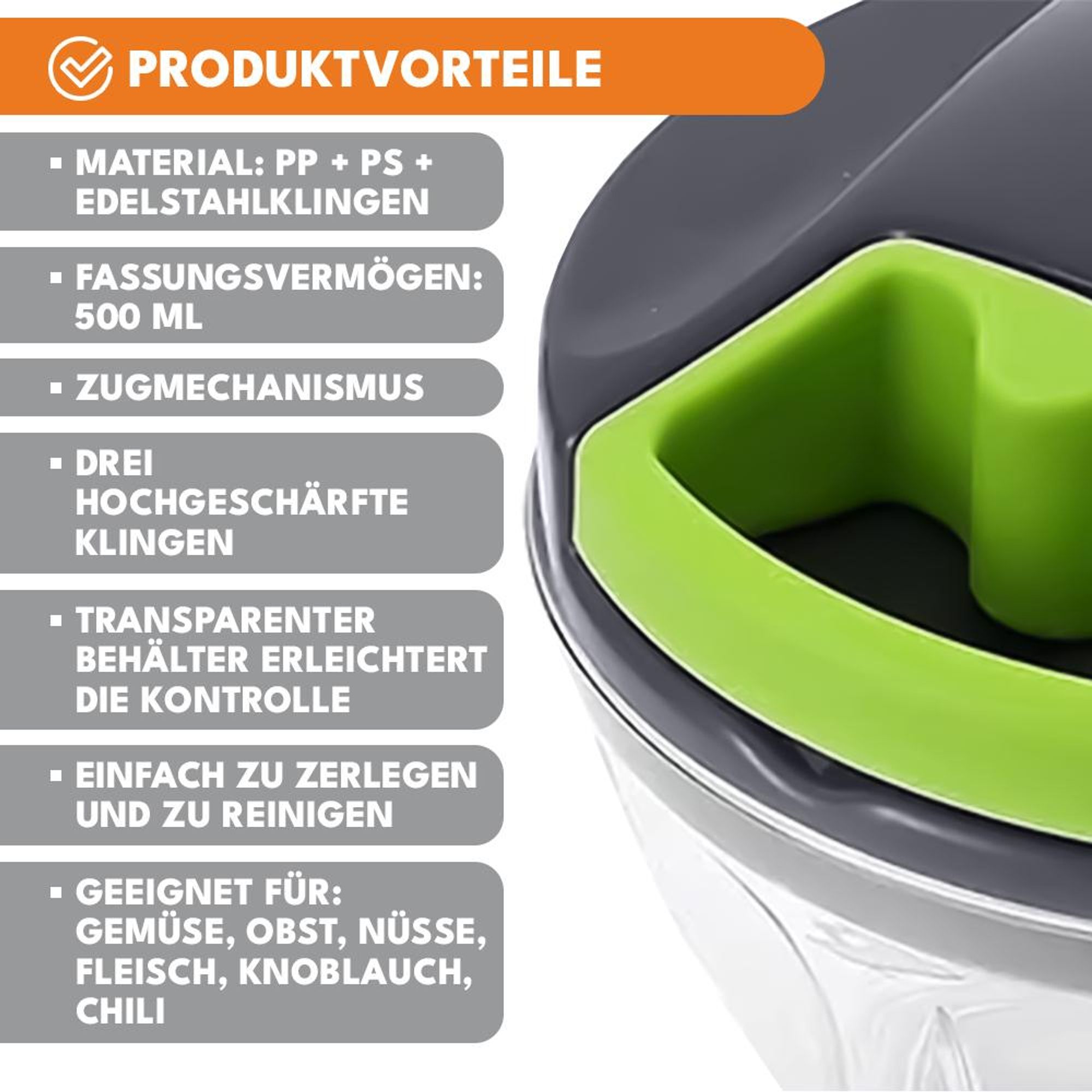 KRUMAD Manueller Zwiebel Zerkleinerer 500 ml, Gemüse Zerkleinerer mit Edelstahlklingen, kompakter Küchen Zerkleinerer ohne Strom