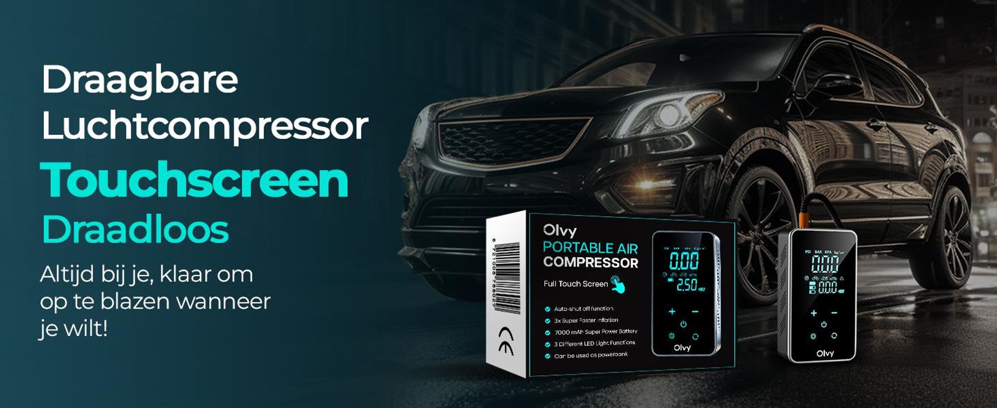 Olvy Luchtdrukpomp, Mini-bandenpomp, 7000mAh, Elektrische compressor, fietspomp, elektrische luchtpomp, mini-compressor, geschikt voor auto, fiets, ballen, en ook als powerbank