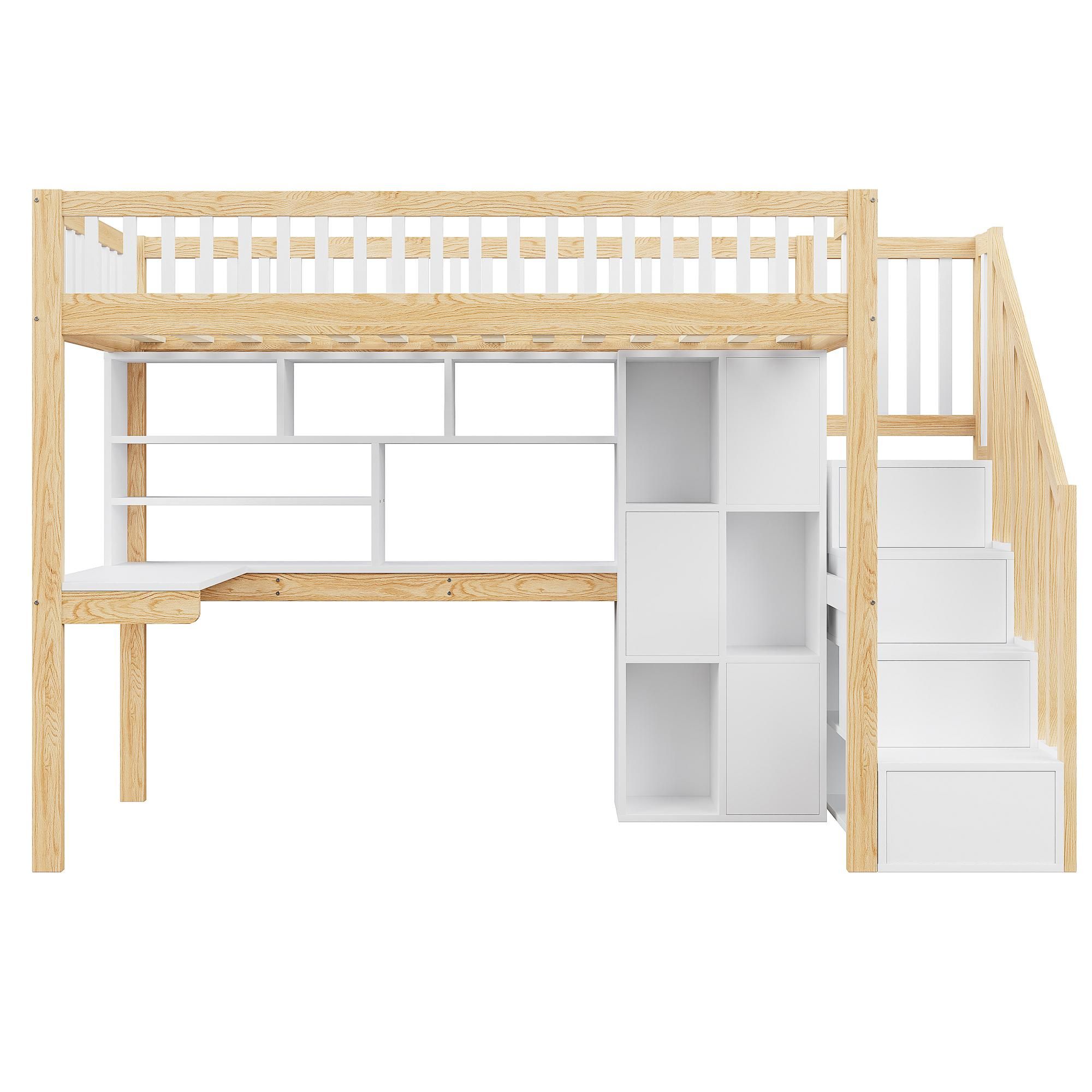 Flieks Etagenbett 90x200cm mit Schreibtisch & Regal, Hochbett mit LED & Schrank, Kinderbett Jugendbett mit Schubladen, Stockbett Einzelbett Holzfarbe