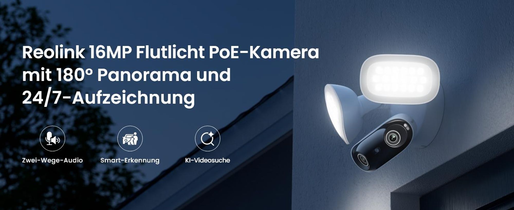 Reolink Elite Pro Floodlight PoE, 16MP 180° PoE Dual-Objektiv Flutlicht überwachungskamera Outdoor, 2800 Lumen, KI-Videosuche, Smart-Erkennung