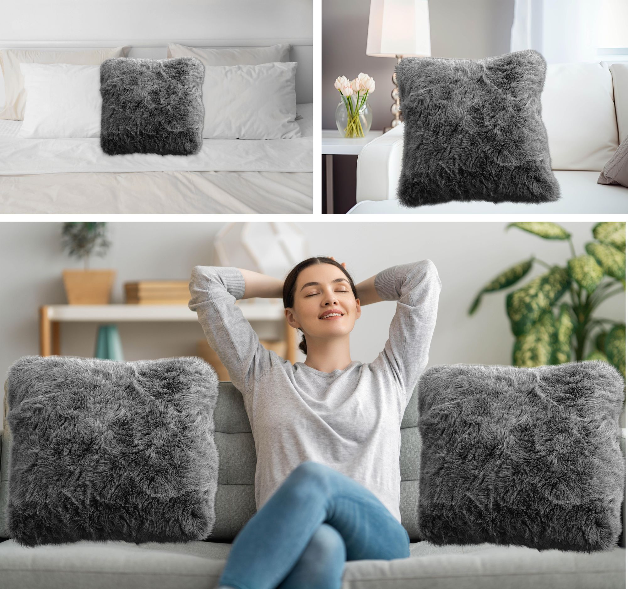 Fellkissen mit Füllung - Sofakissen, Couchkissen, Kuschelkissen, Dekokissen - Couch Stuhl Sofa Wohnzimmer Schlafzimmer deko waschbar Anthrazit