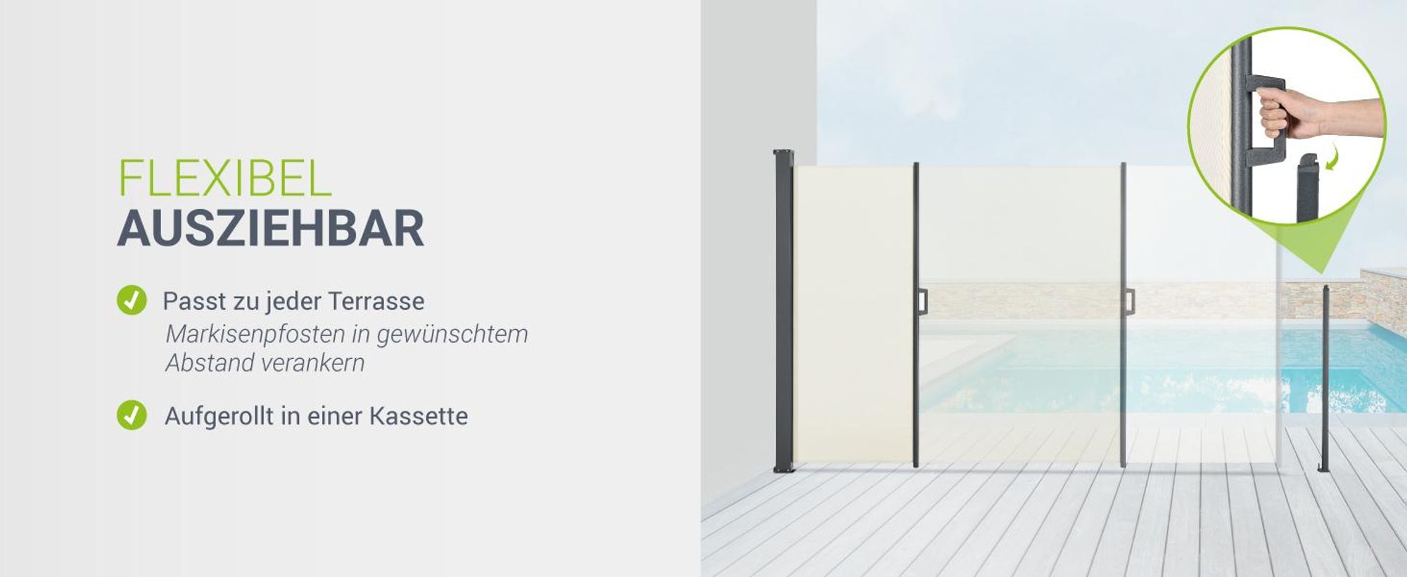 Juskys Seitenmarkise Dubai 300 x 180 cm ausziehbar blickdicht, Sichtschutz für Balkon & Terrasse, Seitenrollo mit Wandhalterung - beige