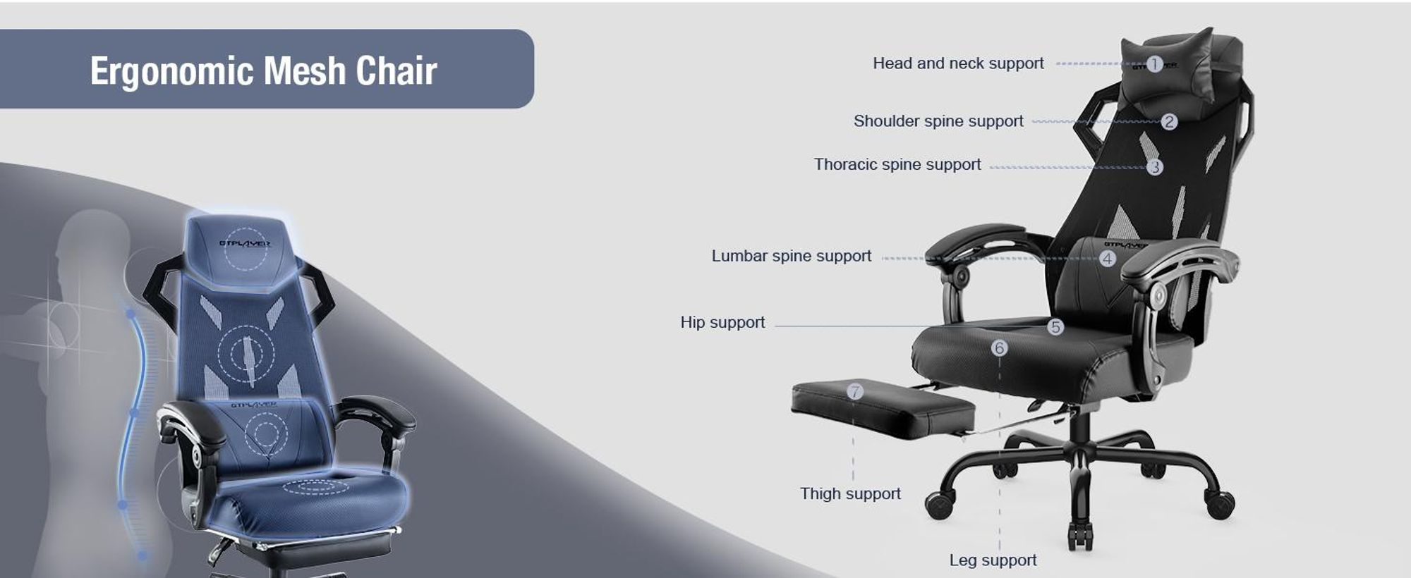 GTPLAYER Ergonomiczne krzesło biurowe Krzesło do gier Krzesło obrotowe Regulowane podparcie odcinka lędźwiowego kręgosłupa Zagłówek Przyjazne dla pleców krzesło wykonawcze z łączonymi podłokietnikami Kółka w kolorze czarnym