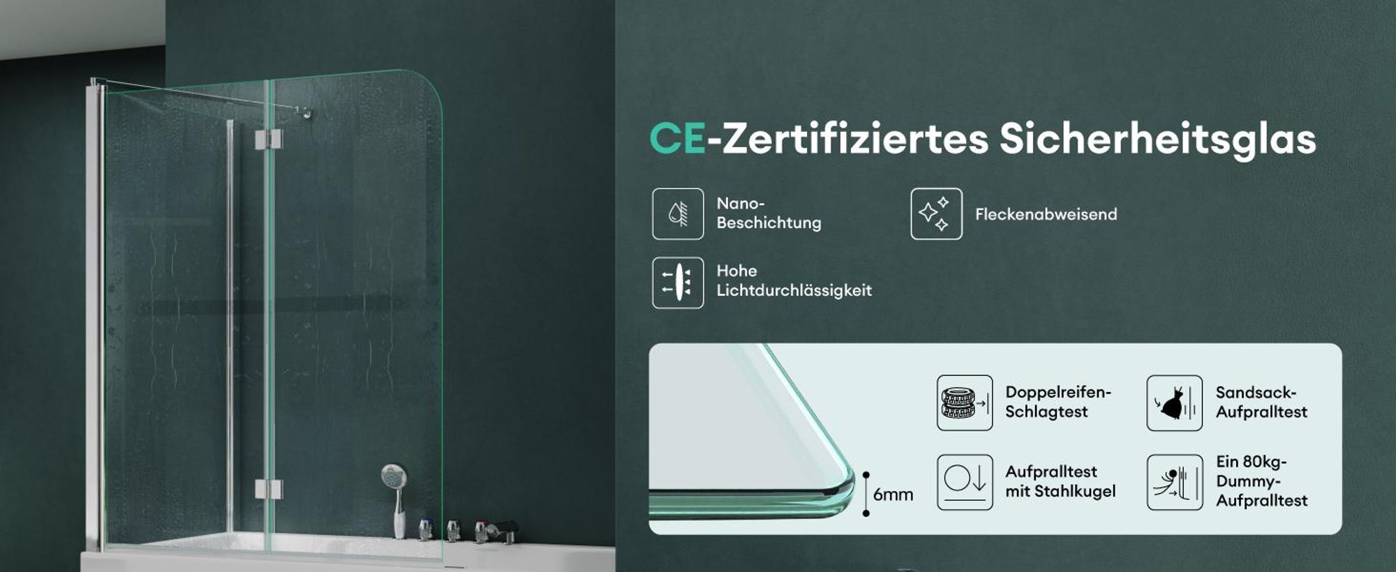 Mai & Mai Duschwand für Badewanne Badewannenfaltwand 6mm Sicherheitsglas mit NANO-Versiegelung Duschabtrennung Badewannen BTH: 75x120x140cm