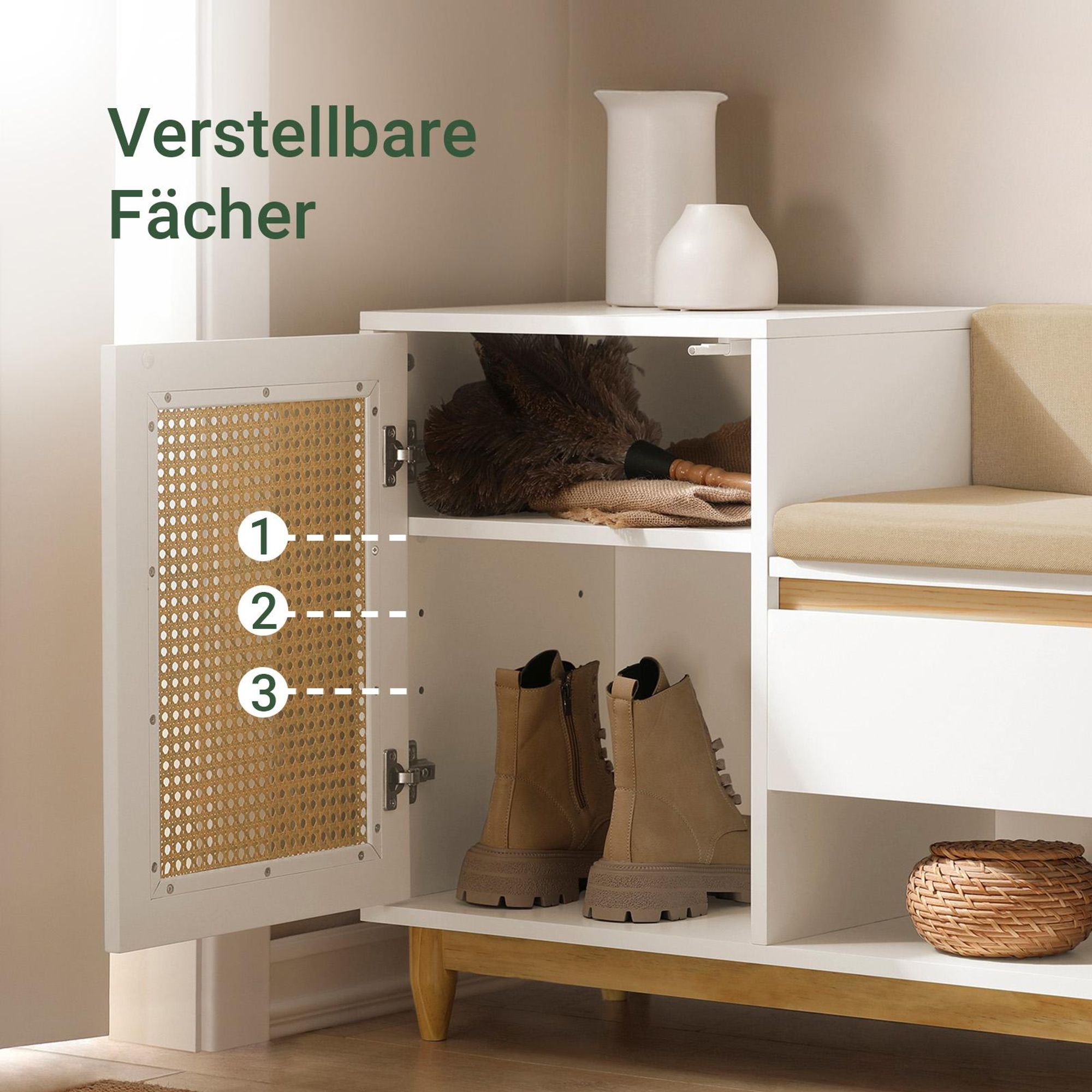 SoBuy Schuhbank mit Stauraum, Sitzbank für Flur mit Schuhregal und Gitteroptik, schmale Dielenbank für Eingang & Garderobe, Weiß-Natur FSR128-W