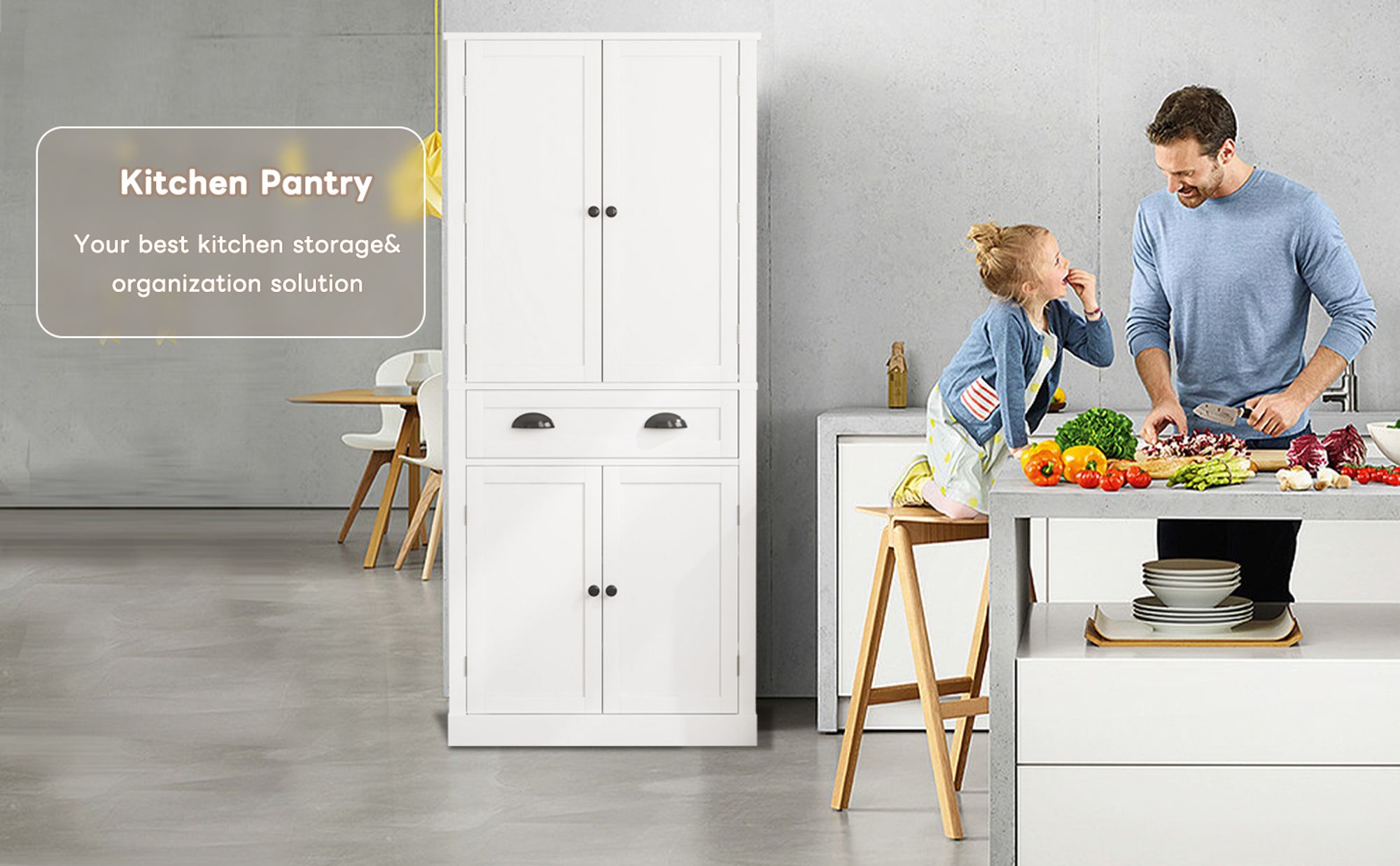 Flieks Hochschrank, Küchenschrank mit 6 Staufächer, Aufbewahrungsschrank für Küche, Esszimmer und Wohnzimmer, Schrank Weiß