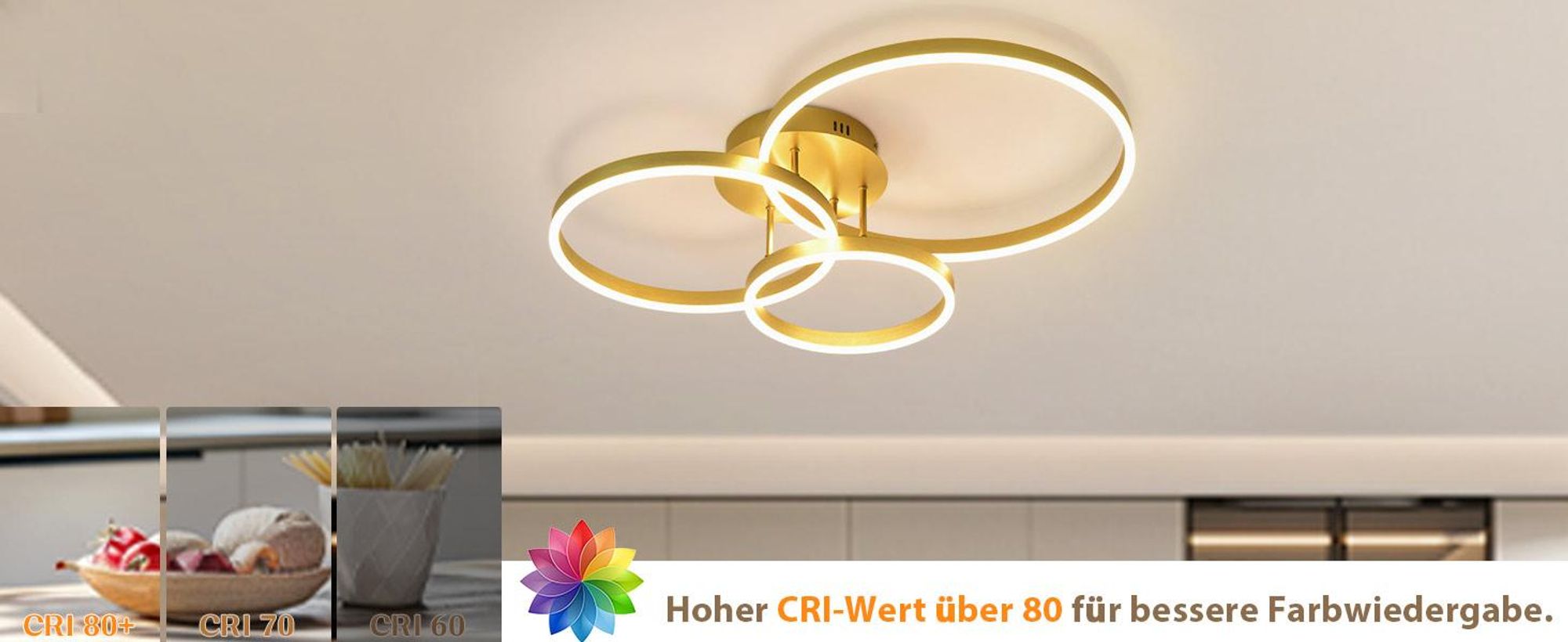 Lampa sufitowa LED ZMH z regulacją jasności, 82 cm, złota, do sypialni, z pilotem, o mocy 74 W, z 3 pierścieniami, do sypialni i kuchni