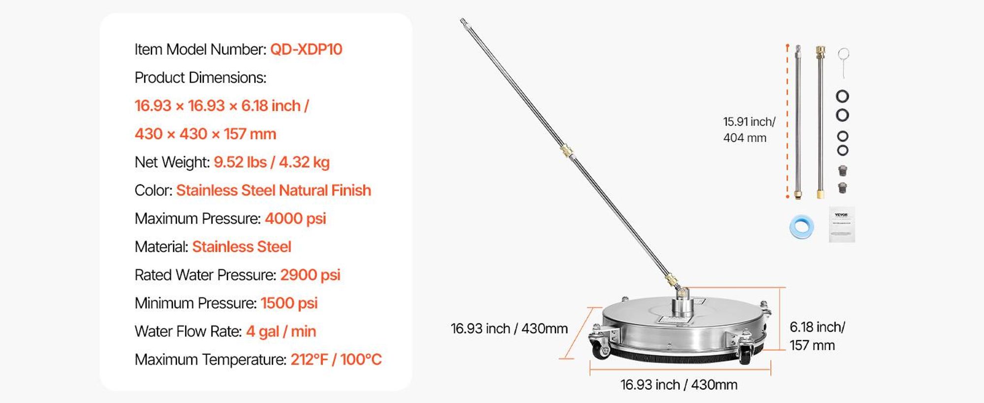 VEVOR 430 mm Hochdruckreiniger-Oberflächenreiniger, Oberflächenreiniger aus Edelstahl, Max. Druck 4000 PSI, 1/4 Zoll Schnellanschluss, für Beton, Terrasse, Deck