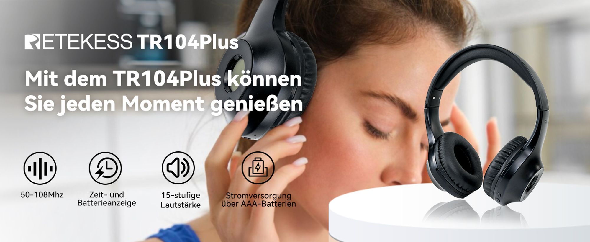 Retekess TR104P Headset, FM Radio, verstellbarer Kopfbügel, Geräuschunterdrückung, Stereo-Kopfhörer, batteriebetrieben
