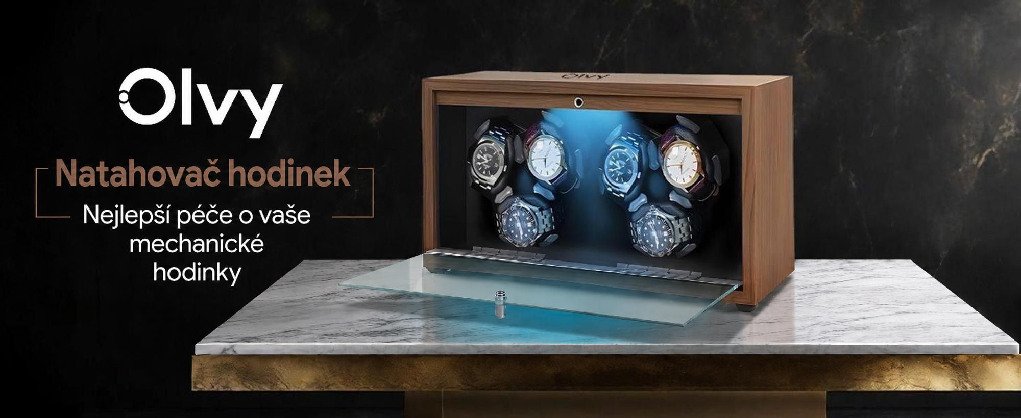 Olvy hodinkový strojek pro 6 hodinek, LED osvětlení, dřevěná krabička na hodinky, extrémně tichý motor Mabuchi, flexibilní polštářek na hodinky, hodinkový strojek