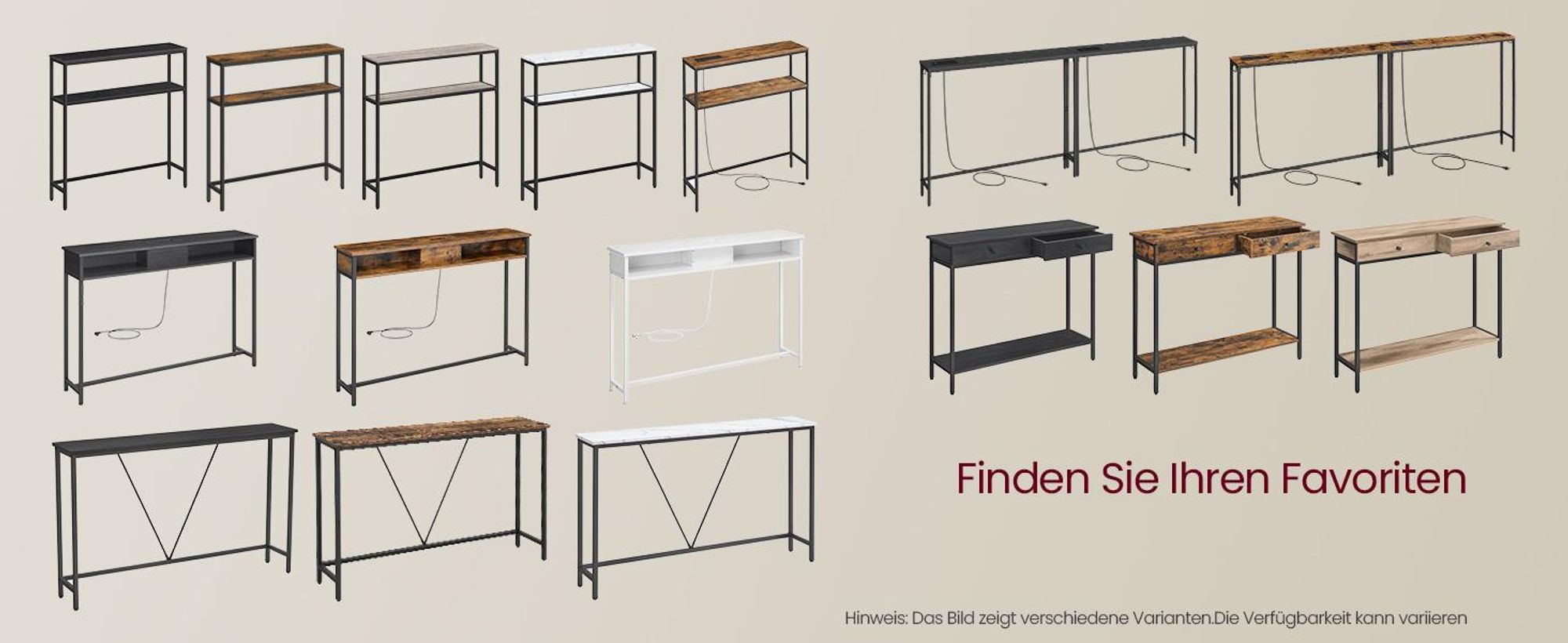 VASAGLE Sofatisch, Flurtisch, schmales Design, 15 x 100 x 80 cm, mit Ladestation, 2er Set