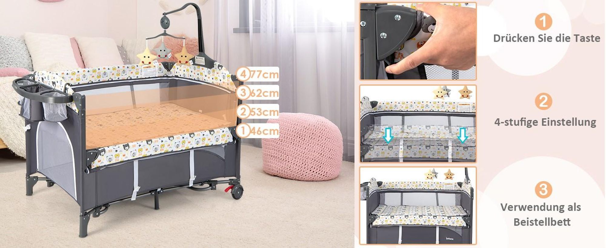 Reisebett mit Matratze, 5 in 1 Beistellbett Baby mit Rollen & Wickelauflage & Spieluhr, 110×76cm Babybett mit Tragetasche, Stubenwagen für Neugeborene & Baby (Bunt)