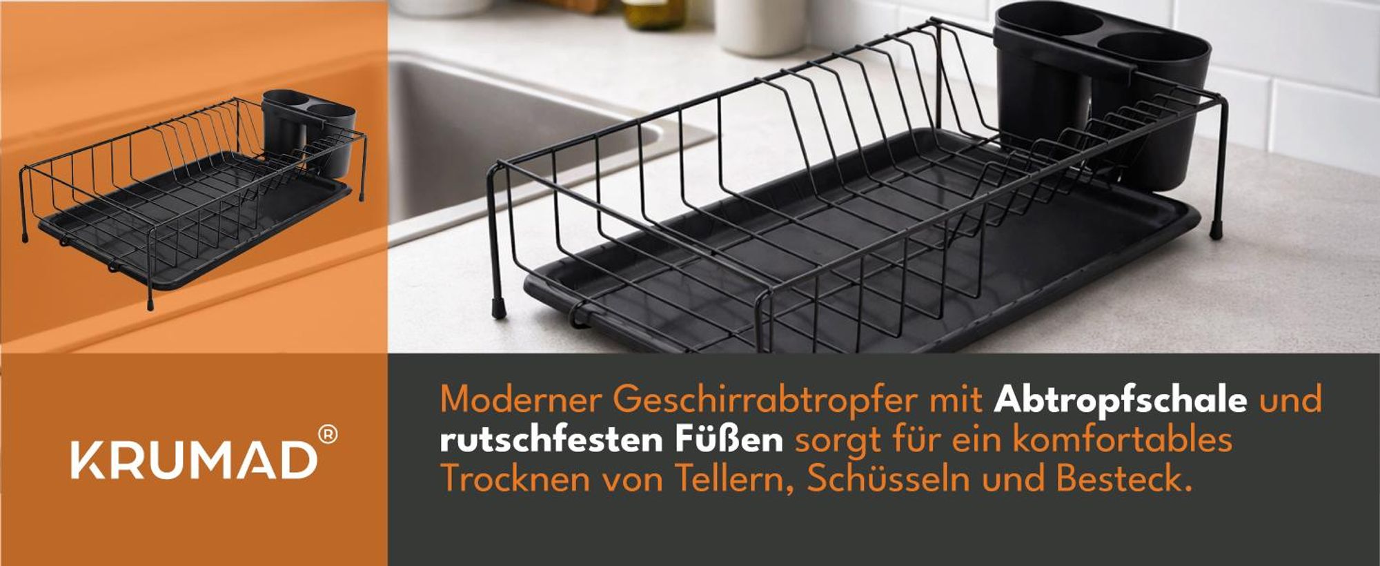 KRUMAD Abtropfgestell für Geschirr, Kompakter Küchen Organizer mit Abtropfbrett, Besteckhalter, Platzsparend für Spülbecken, Tragfähigkeit, Schwarz