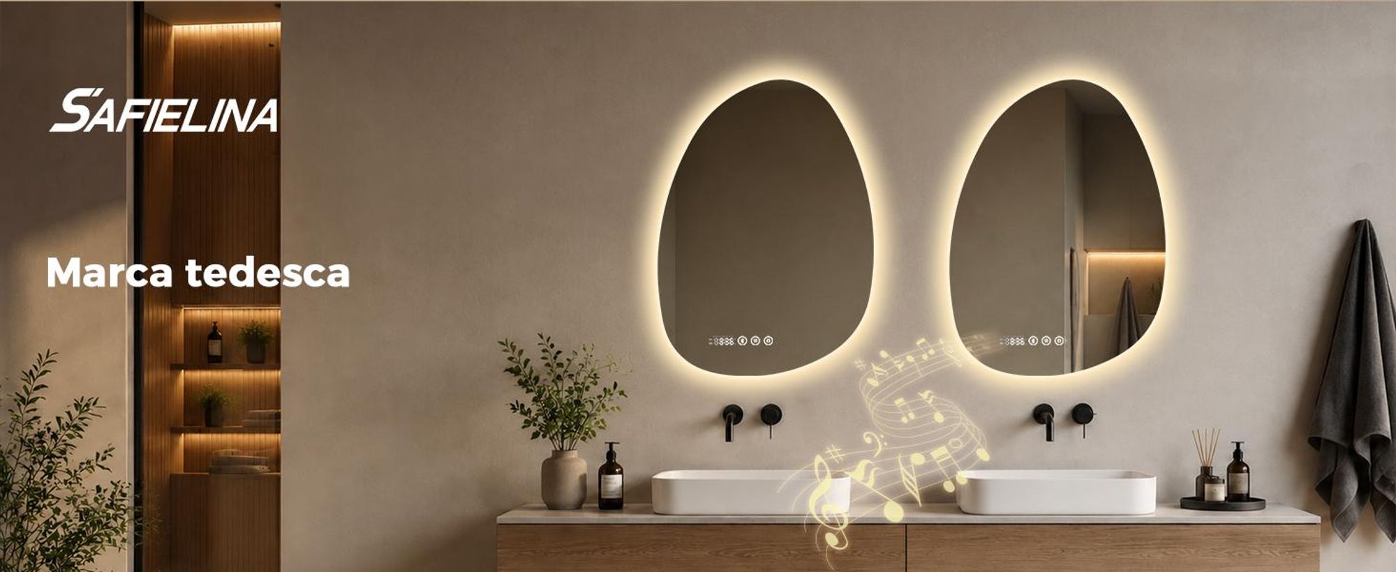 Espejo de baño S'AFIELINA, 75 x 55 cm. Con iluminación. Diseño asimétrico. 3 colores de luz, regulable, antiniebla, Bluetooth, reloj, temperatura, función de memoria