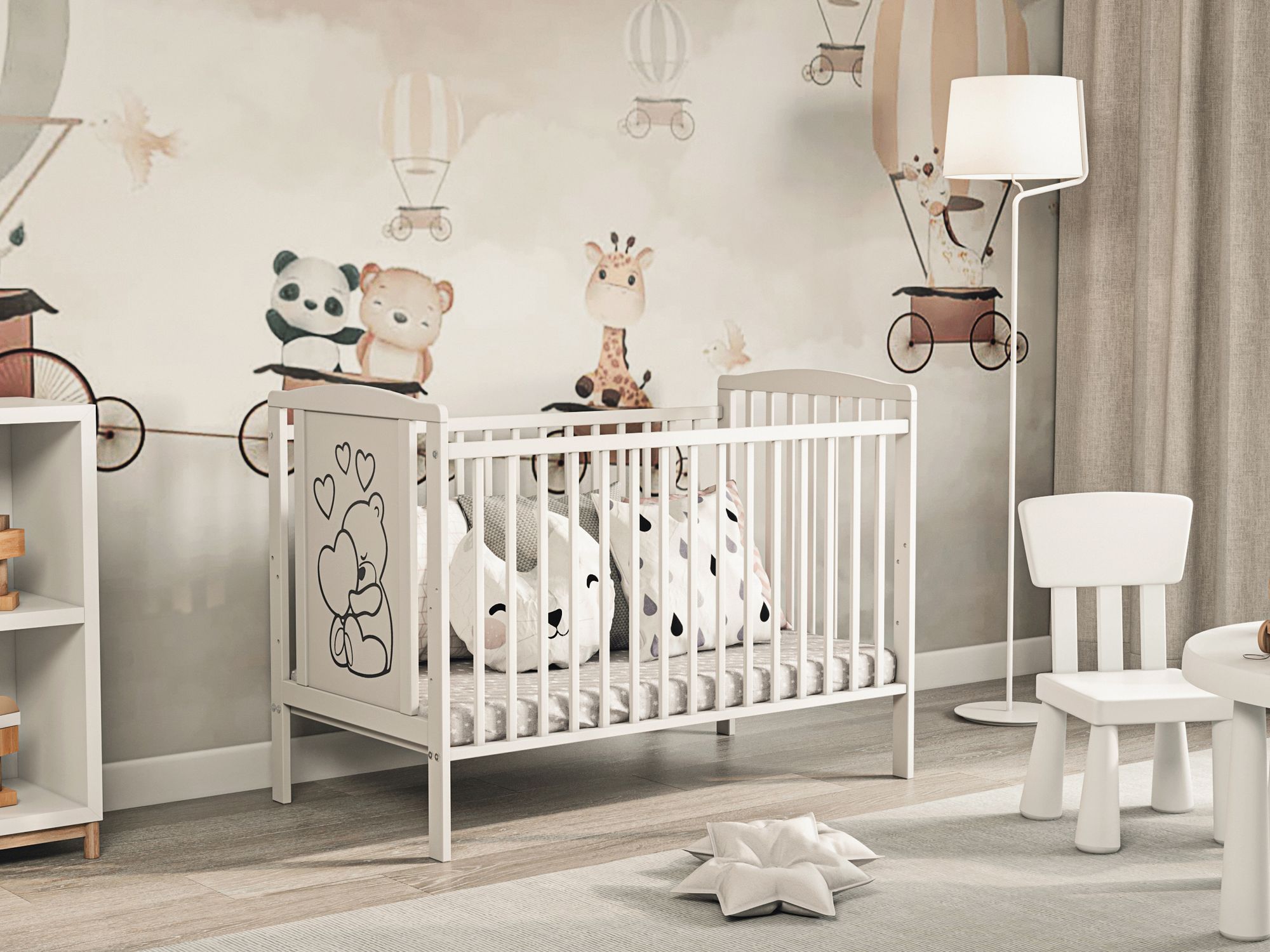 Kinderbett Babybett TIMMI – Ökologisch und aus Massivholz 3 fach höhenverstellbar 60 x 120 cm Weiß