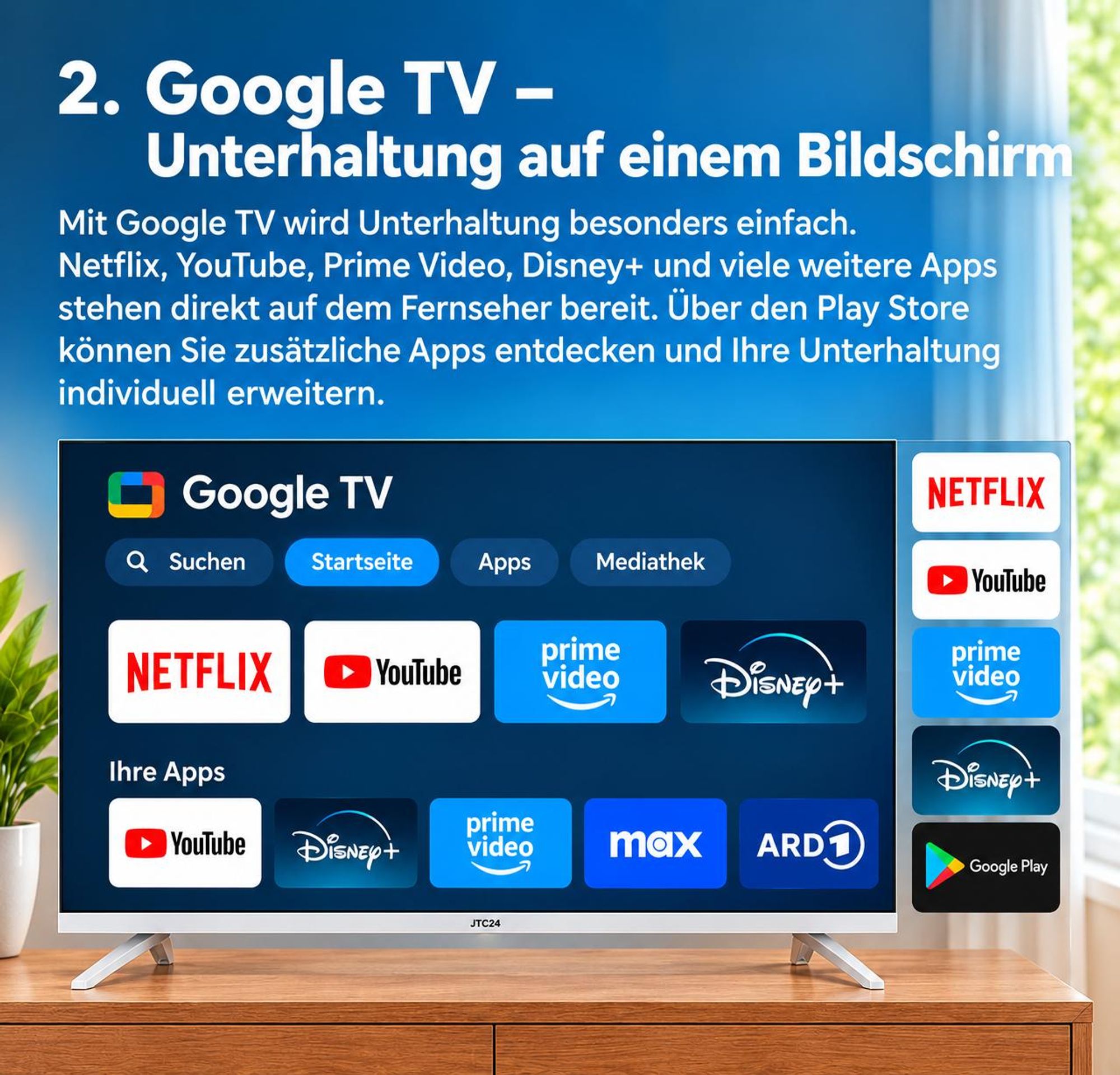 JTC-24 32 Zoll (80 cm) QLED Smart TV/Fernseher JTCSQ32H39330G, Google TV, Android OS, Play Store, Google Sprachsteuerung, Triple Tuner, Bluetooth