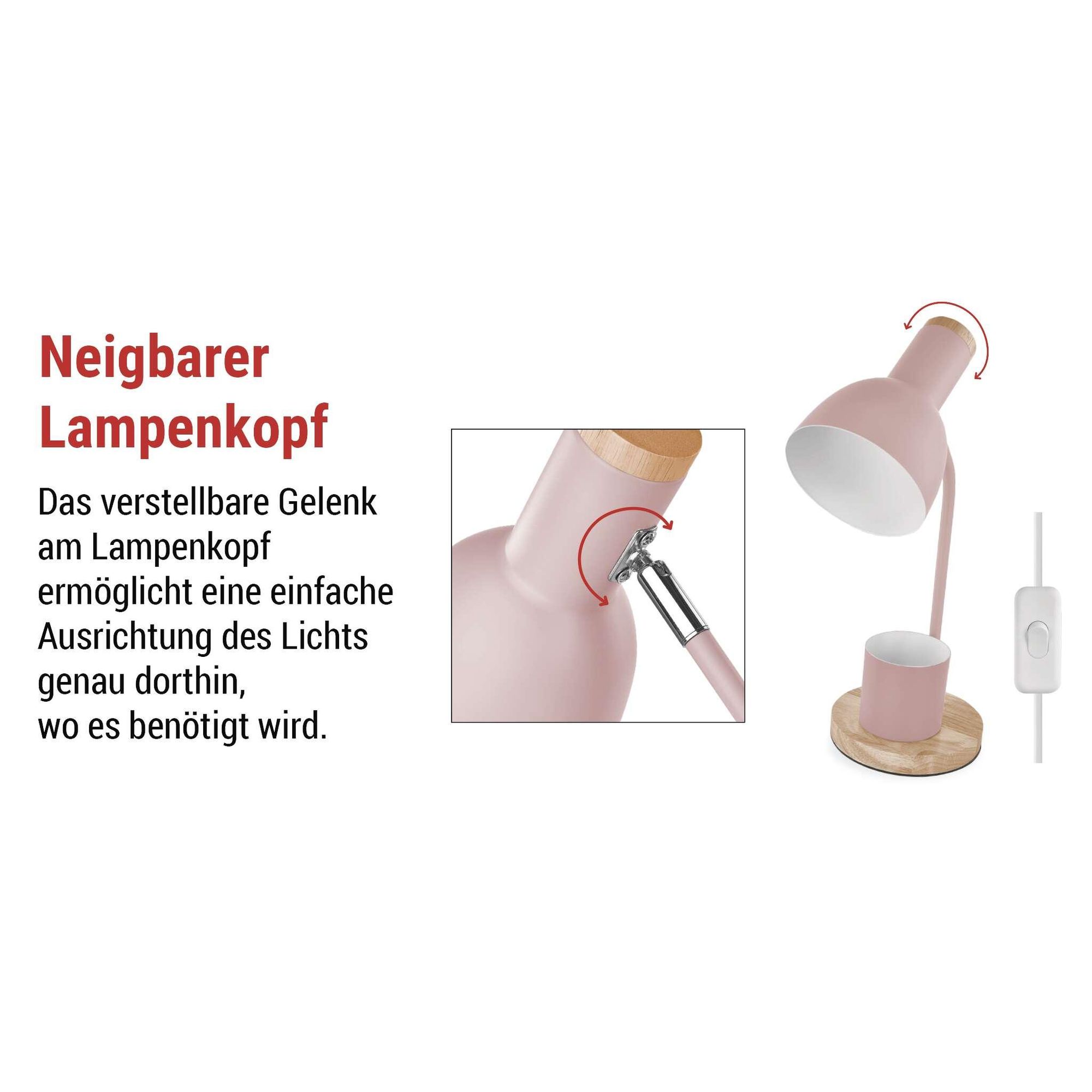 EMOS LED Tischlampe POPPY mit Stift-Halter, E27 Gewinde, Netzkabel 1,5m mit Schalter und Eurostecker, ohne Lichtquelle, E27 max. 25W, Rosa, Z7640P