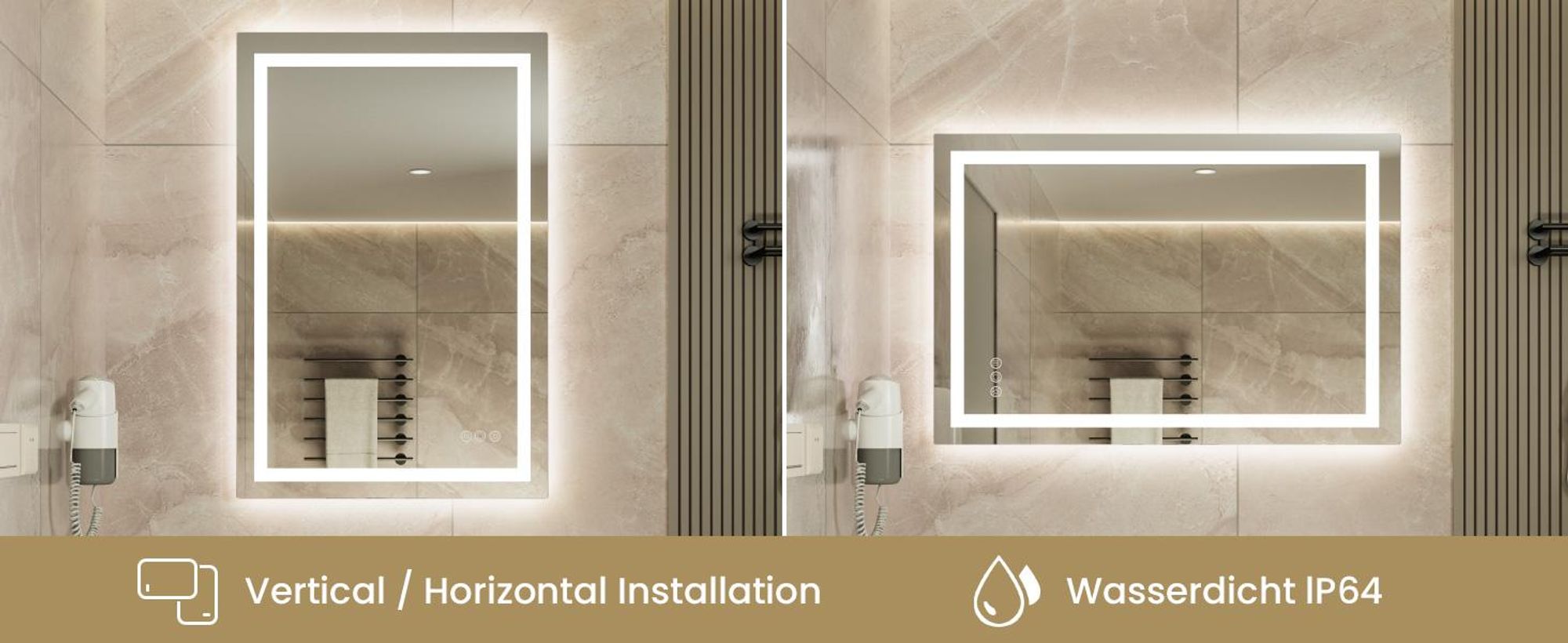 LED Badezimmerspiegel 90x60cm Rechteckig, 3 Lichtfarben Badspiegel mit Touch und Anti Beschlag, Dimmbar Badezimmer Spiegel, energiesparend Wandspiegel