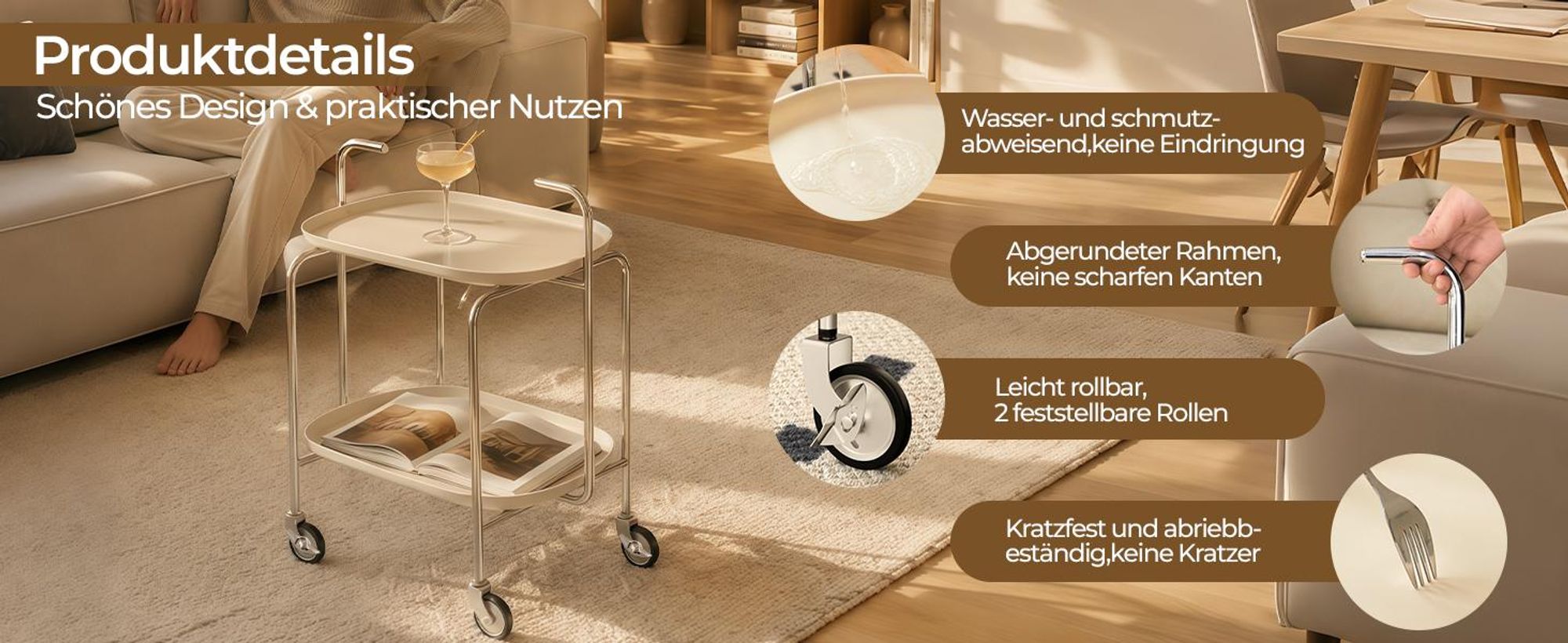 Küchenwagen mit Rollen, Servierwagen Transportwagen Teewagen mit 2 Etagen, Kaffee Erfrischungswagen für Büro, 65x40x70cm, Weiß