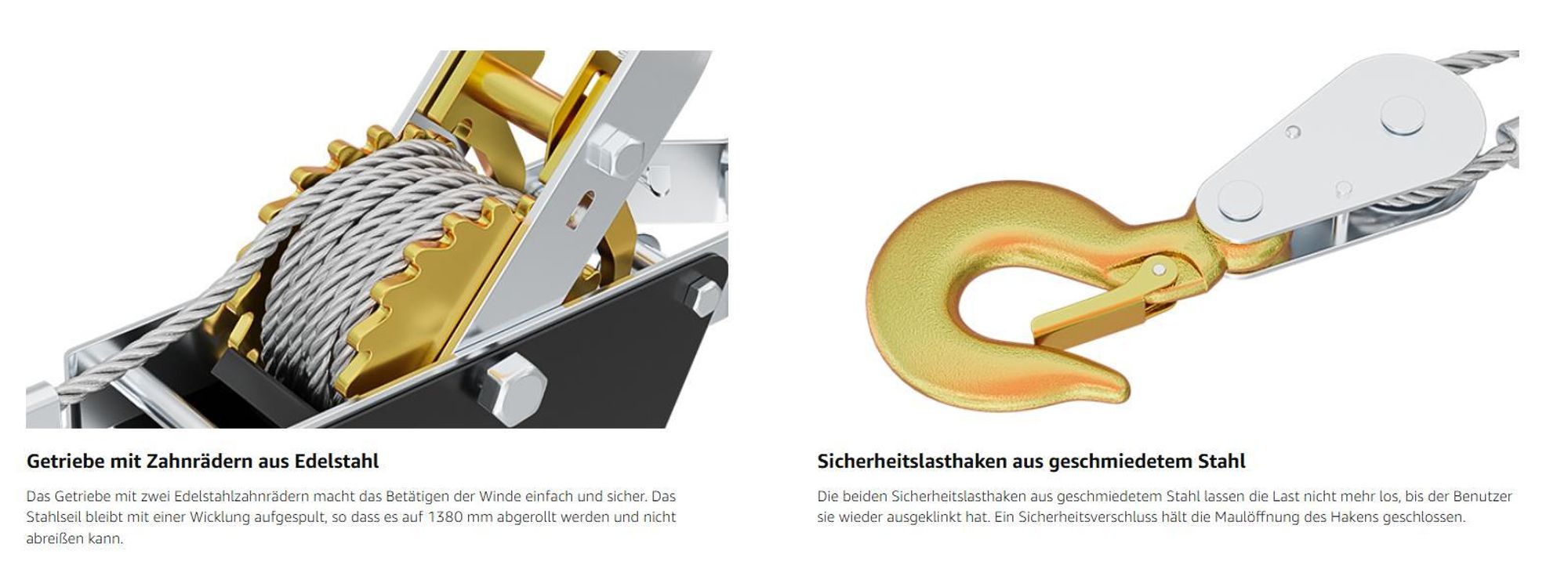 Wiltec Handseilzug mit 2,2 m Drahtseil bis 2000 kg, Flaschenzug mit 2 Haken, Seilwinde mit Sicherheitslasthaken, Handseilwinde mit 2 Getriebe