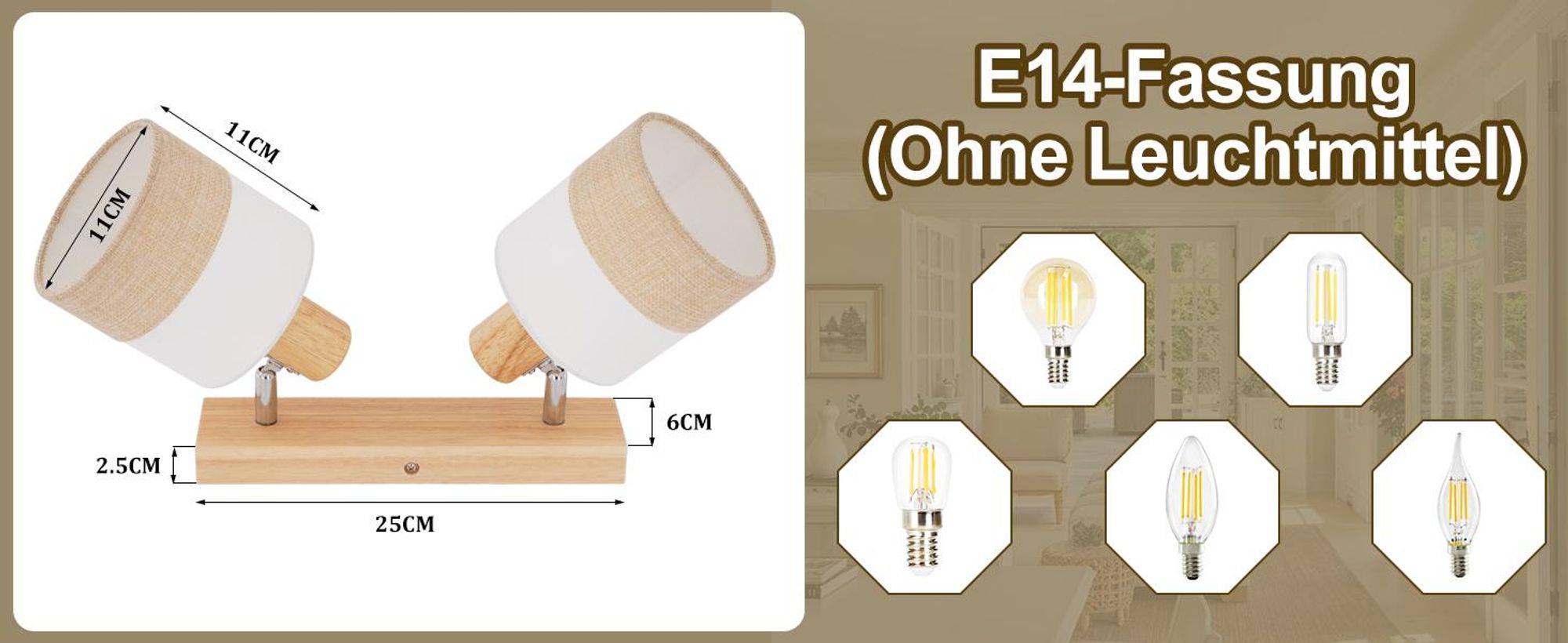 ZMH LED Lampa sufitowa , 2 płomienie, reflektor sufitowy do przedpokoju drewno, E14,reflektor vintage, tkanina, obrotowy spot 350°, bez żarówek