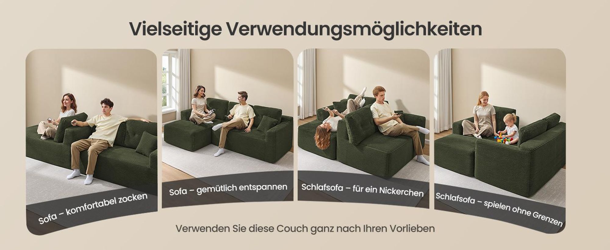 VASAGLE Modulares Sofa, Ecksofa mit Liege links, 242 cm breit, vakuumverpackt, keine Montage erforderlich, waldgrün