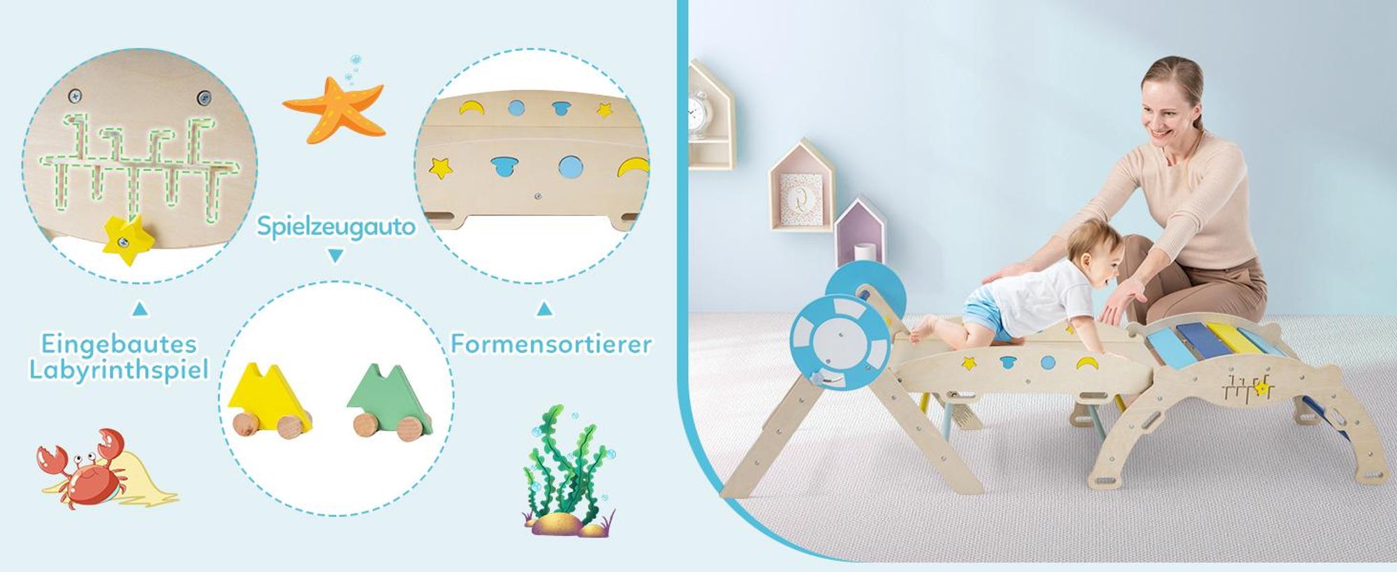 COSTWAY Klettergerüst Indoor 3er Set, klappabres Kletterdreieck mit Rutsche, Kletterbogen, doppelseitige Rampe&Baustein Set, für Kinder 1+