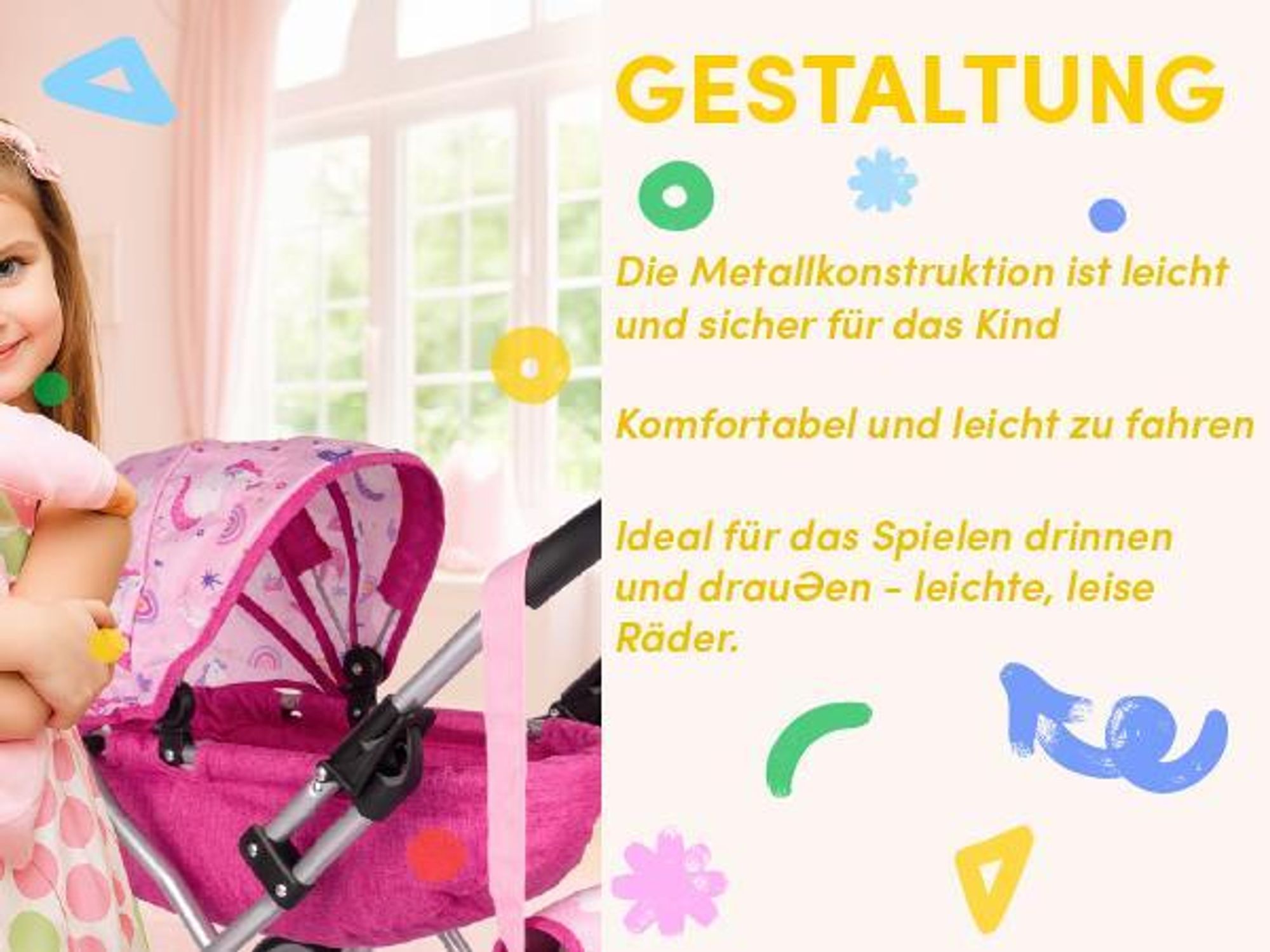 Rosa zusammenklappbarer Puppenwagen mit Tasche und verstellbarem Sonnendach