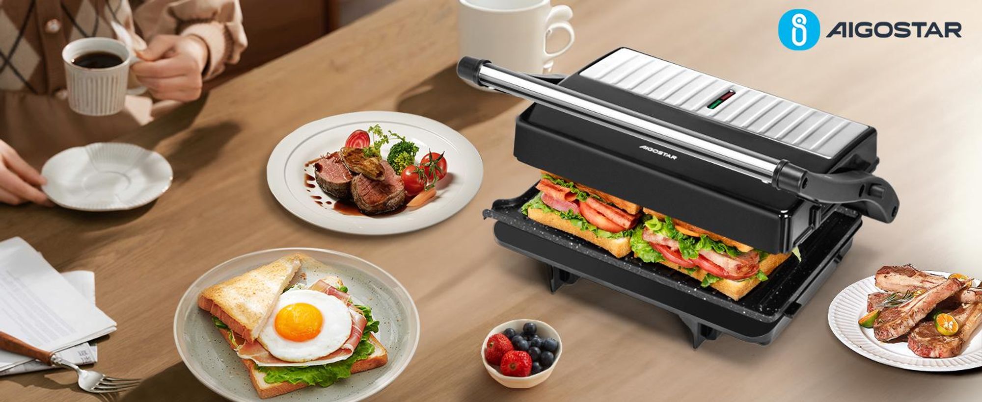 Aigostar - XXL Kontaktgrill Panini Grill, Sandwich Maker, Edelstahl, 1000W , Gleichmäßige Erwärmung, 180° Kontaktgrill, Leicht zu lagern