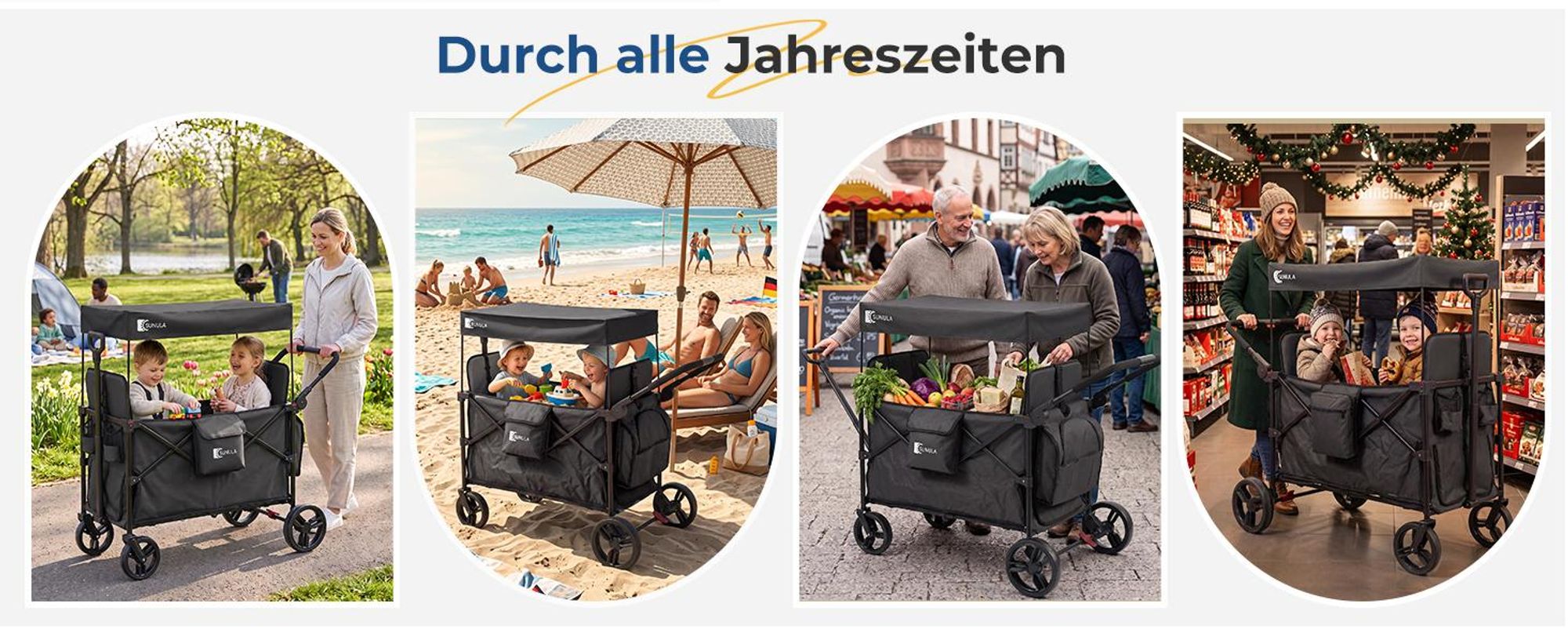 Sekey Faltbar Bollerwagen mit Dach, für 1 bis 2 Kinder, Schiebe- und Zieh Funktion, mit XXL-Rädern (25/20 cm) und 5-Punkt-Gurtsystem, Grau