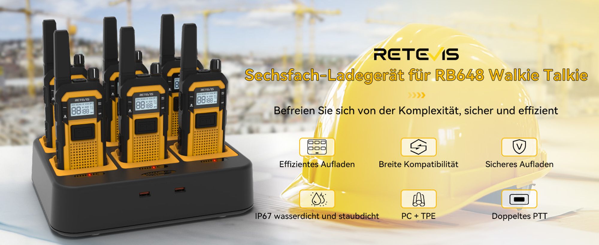 Retevis RB648 Funkgeräte, IP67 Wasserdicht, Staubdicht, Robuste, 2000 mAh Handfunkgerät, PMR446 Profi Walkie-Talkie für Baustelle, Industrie (6 Stück)