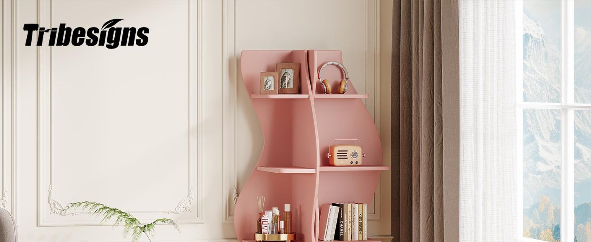 Tribesigns Eckregal, modernes 5-stöckiges Bücherregal mit geschwungener Form, einzigartiger Pflanzenständer für kleine Wohnzimmer, Rosa