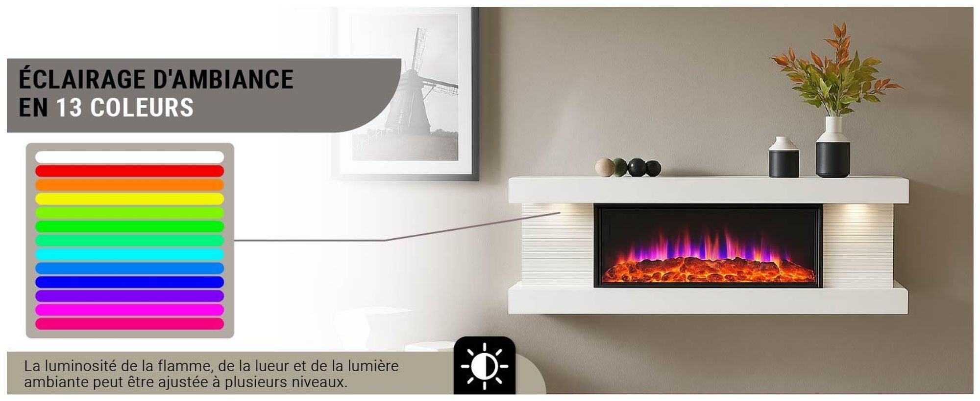 Cheminée murale électrique BALDERIA Lumina – Puissance de chauffage jusqu'à 1 800 W, effet de flammes en 3D, blanche