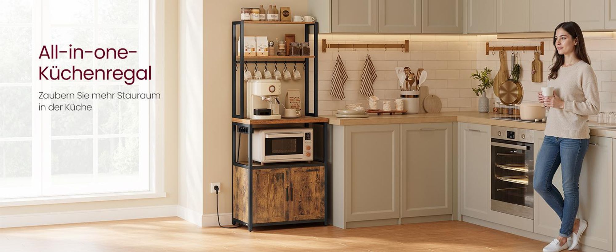 Küchenregal mit Steckdosen, Küchenschrank, 90 cm hoher Arbeitsplatte, Standregal mit 8 Haken, vintagebraun-mattschwarz