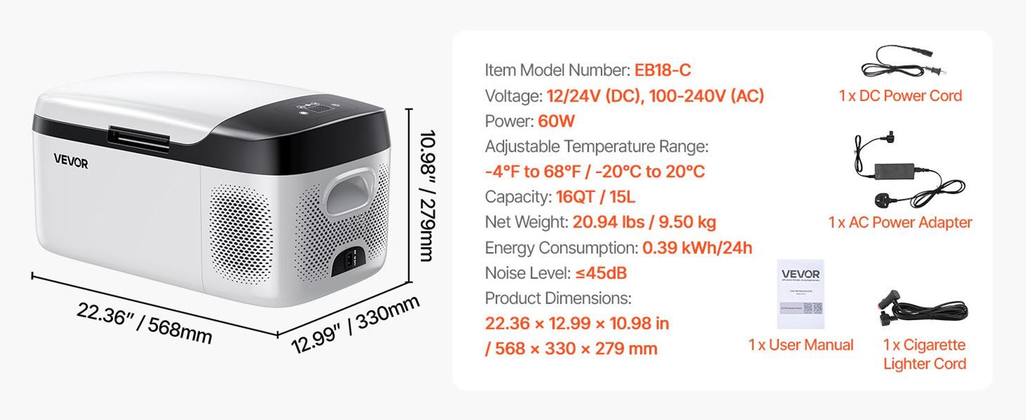 VEVOR Auto-Kühlschrank, 12 Volt Auto-Kühlschrank, 50 L Einzelzonen-Tragbarer Gefrierschrank mit Rädern und Griff, -4℉-68℉, 12/24V DC und 100-240V AC Kompressor-Kühler für Outdoor, Camping, 15 L-a