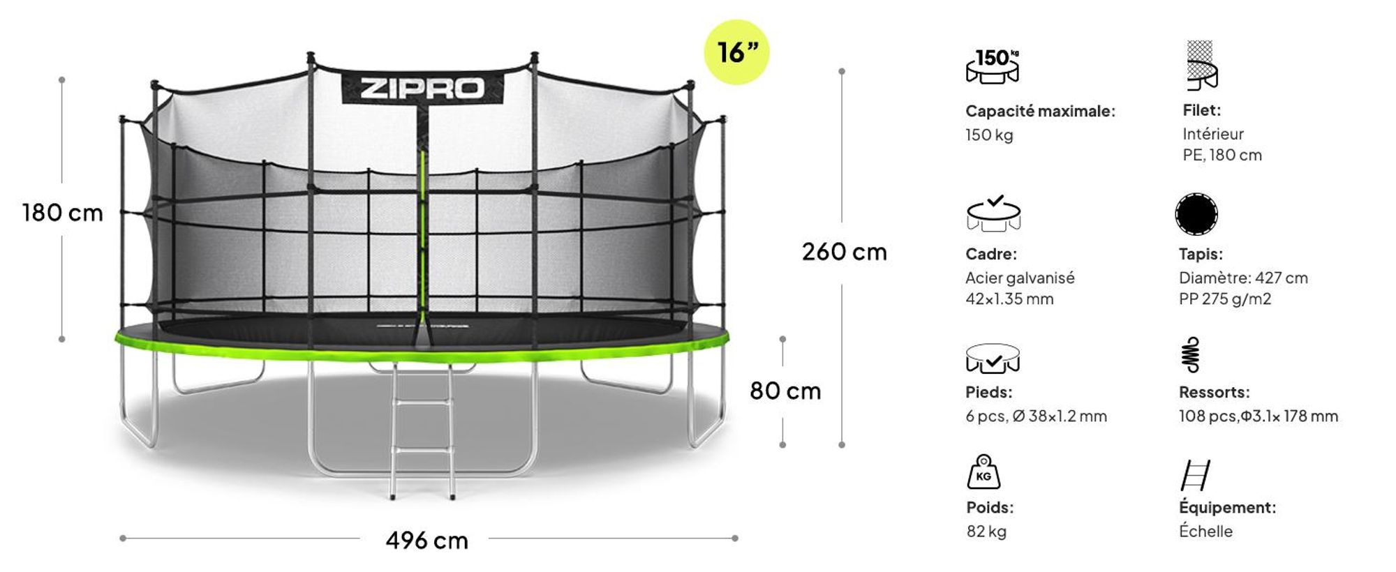 Trampoline ZIPRO Jump Pro IN | 16FT Ø 496 cm | Trampoline de jardin Trampoline pour enfants Kit complet avec filet intérieur, échelle et housse de protection, extérieur, vert