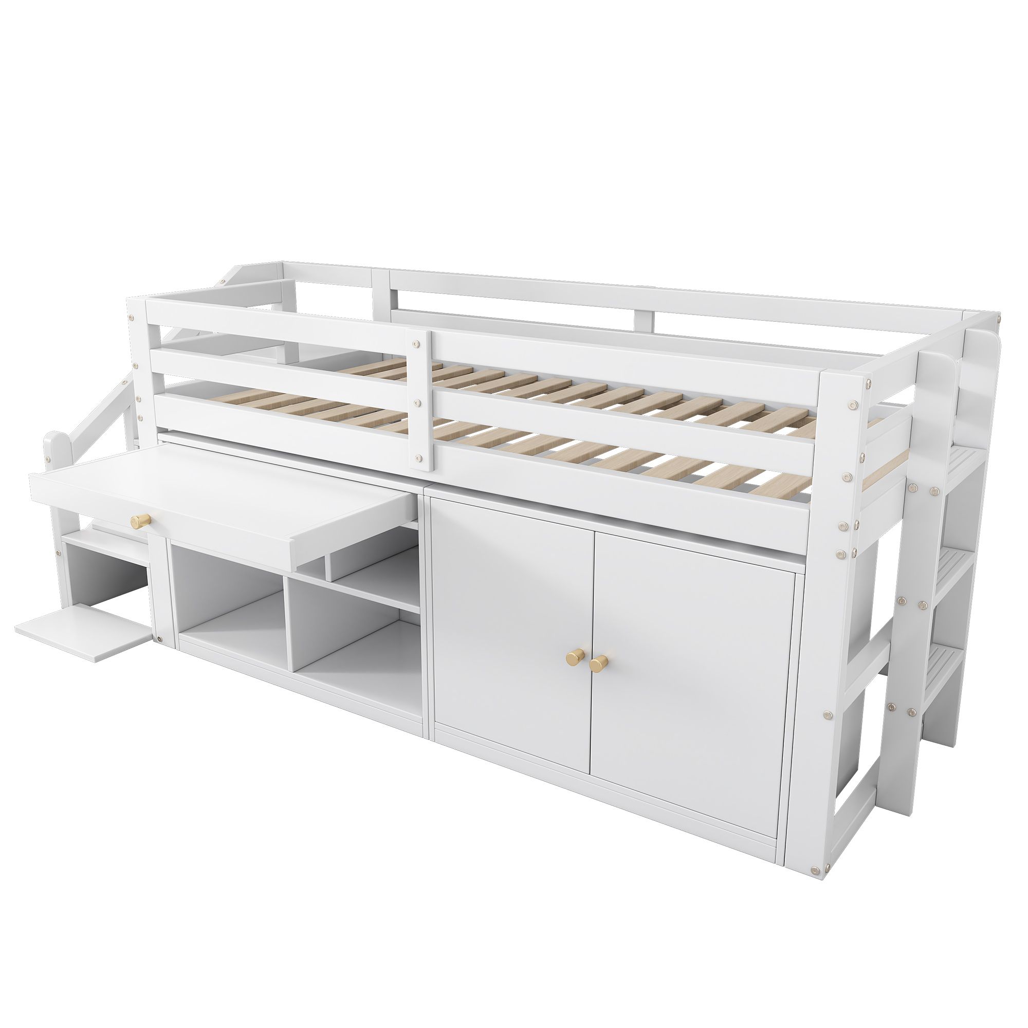 Flieks Etagenbett 90x200cm mit Schrank, Hochbett mit Leiter und Treppe, Kinderbett Stockbett Einzelbett mit Rausfallschutz, Holzbett für Kinder, Weiß