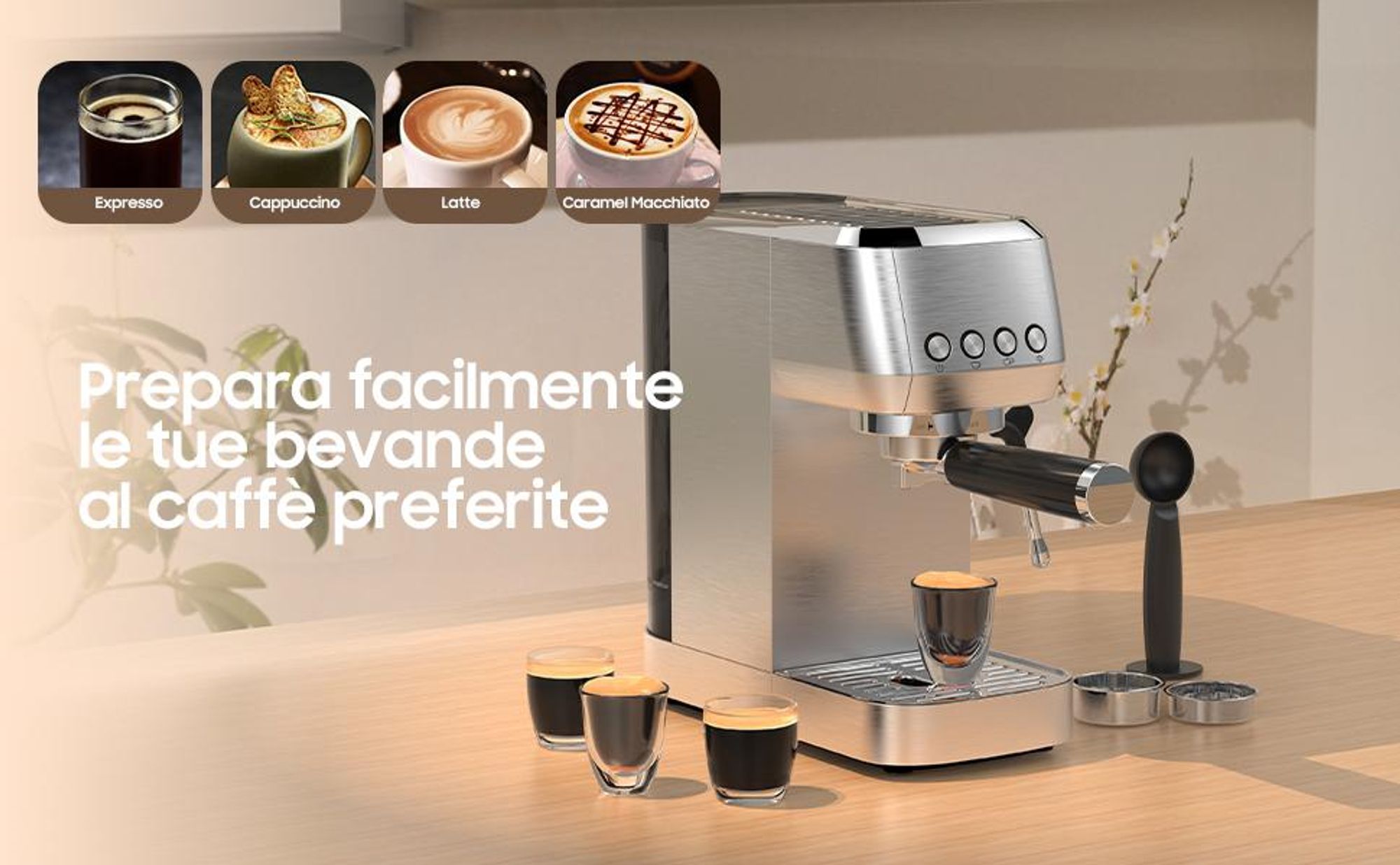 Macchina per caffè espresso a 20 bar – macchina da caffè in acciaio inox con montalatte, 1350 W, serbatoio da 1,3 L, per espresso, cappuccino e latte